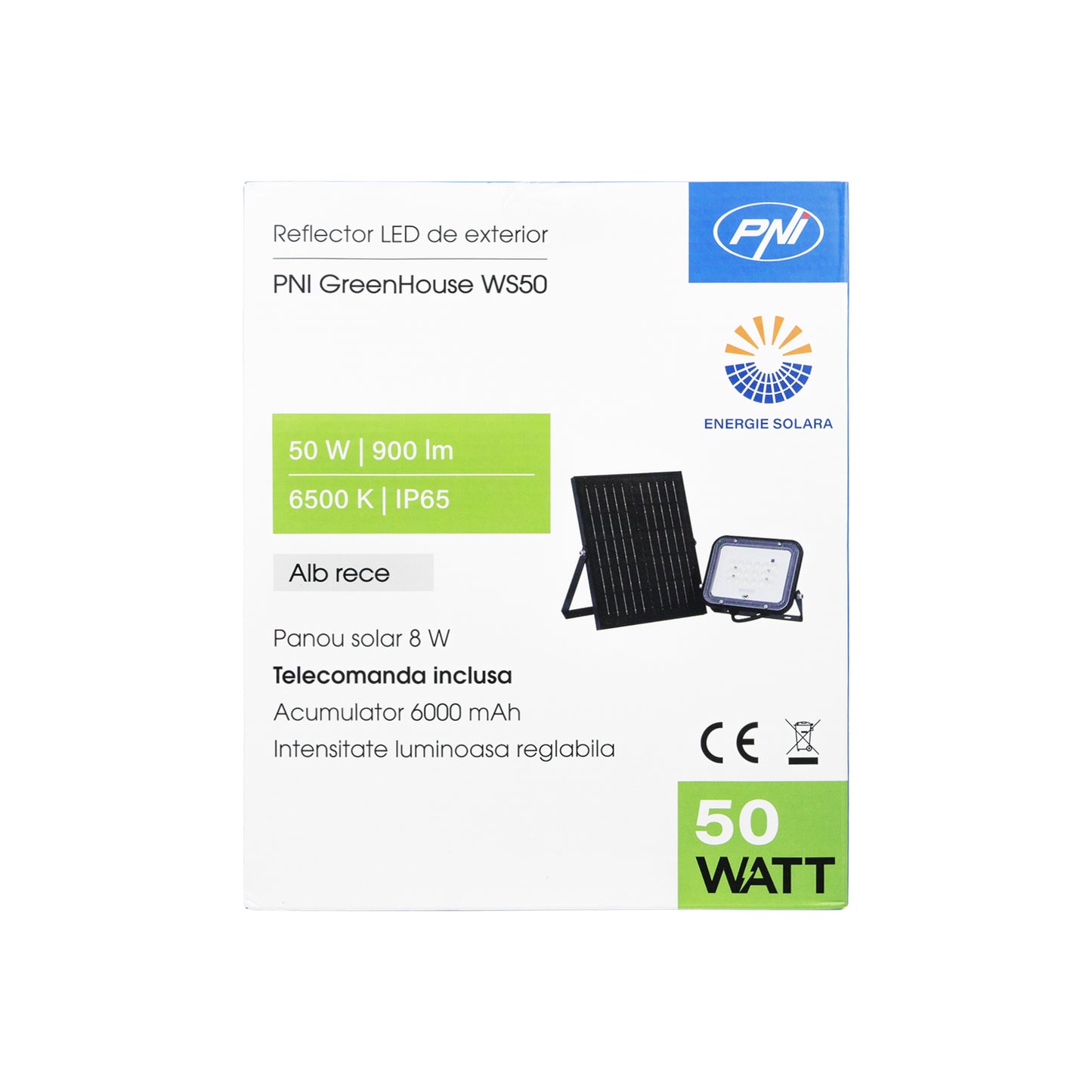 Reflector LED PNI GreenHouse WS50 50W cu panou solar, acumulator 6000mAh, telecomanda, timing si luminozitate reglabila, 6500 K, IP65