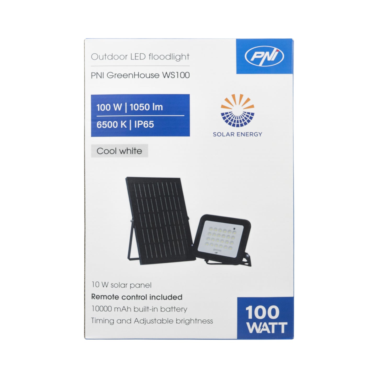 Reflector LED PNI GreenHouse WS100 100W cu panou solar, acumulator 10000mAh, telecomanda, timing si luminozitate reglabila, 6500 K, IP65
