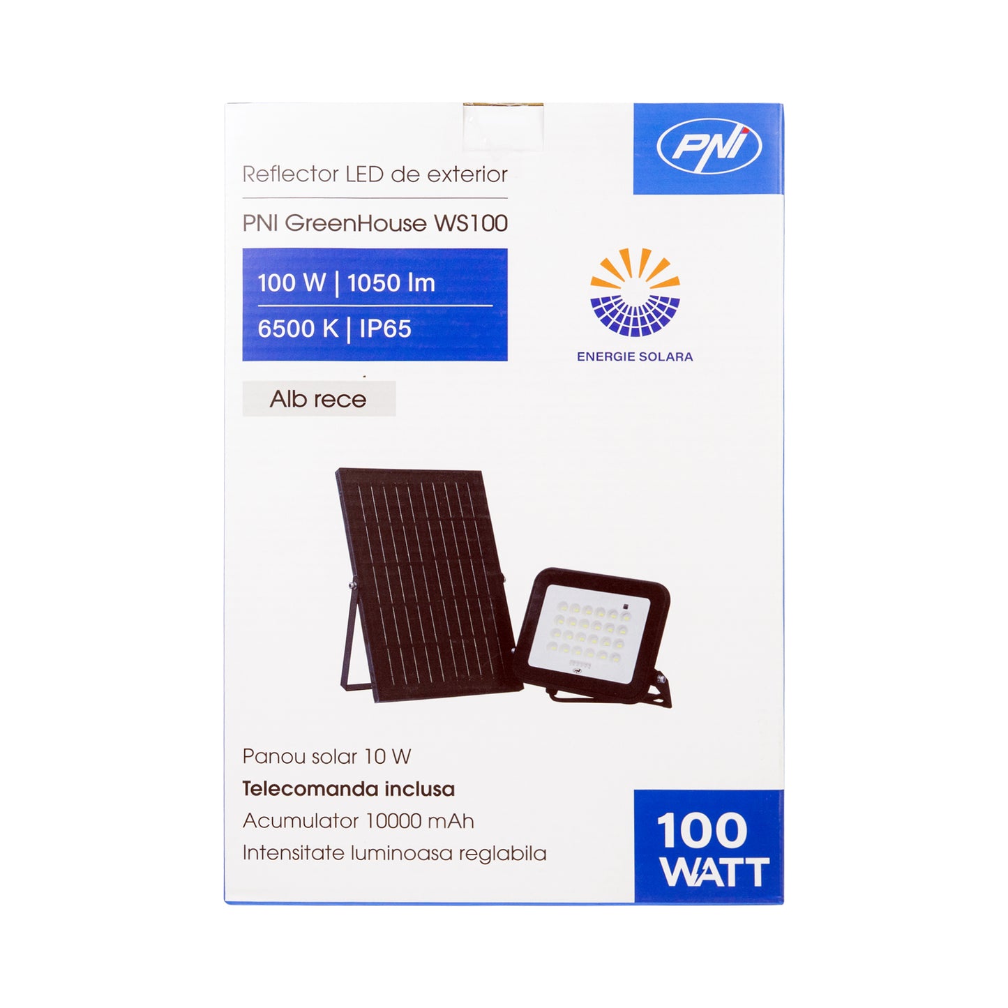 Reflector LED PNI GreenHouse WS100 100W cu panou solar, acumulator 10000mAh, telecomanda, timing si luminozitate reglabila, 6500 K, IP65