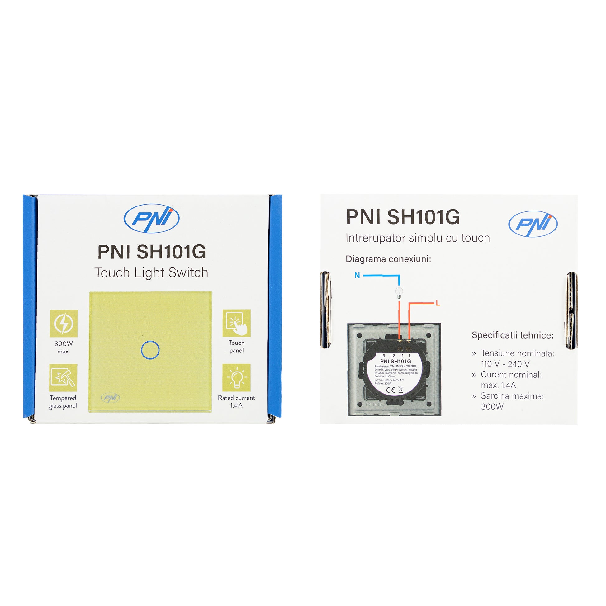 Intrerupator simplu cu touch PNI SH101G din sticla, Gold cu LED indicator culoare auriu