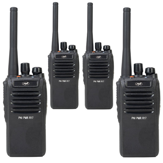 Kit 4 statii radio portabile PNI PMR R17 446MHz, 0.5W, 16 canale PMR si tonuri 50 CTCSS si 104 DCS, programabila, Li-Ion 2200 mAh, IP68