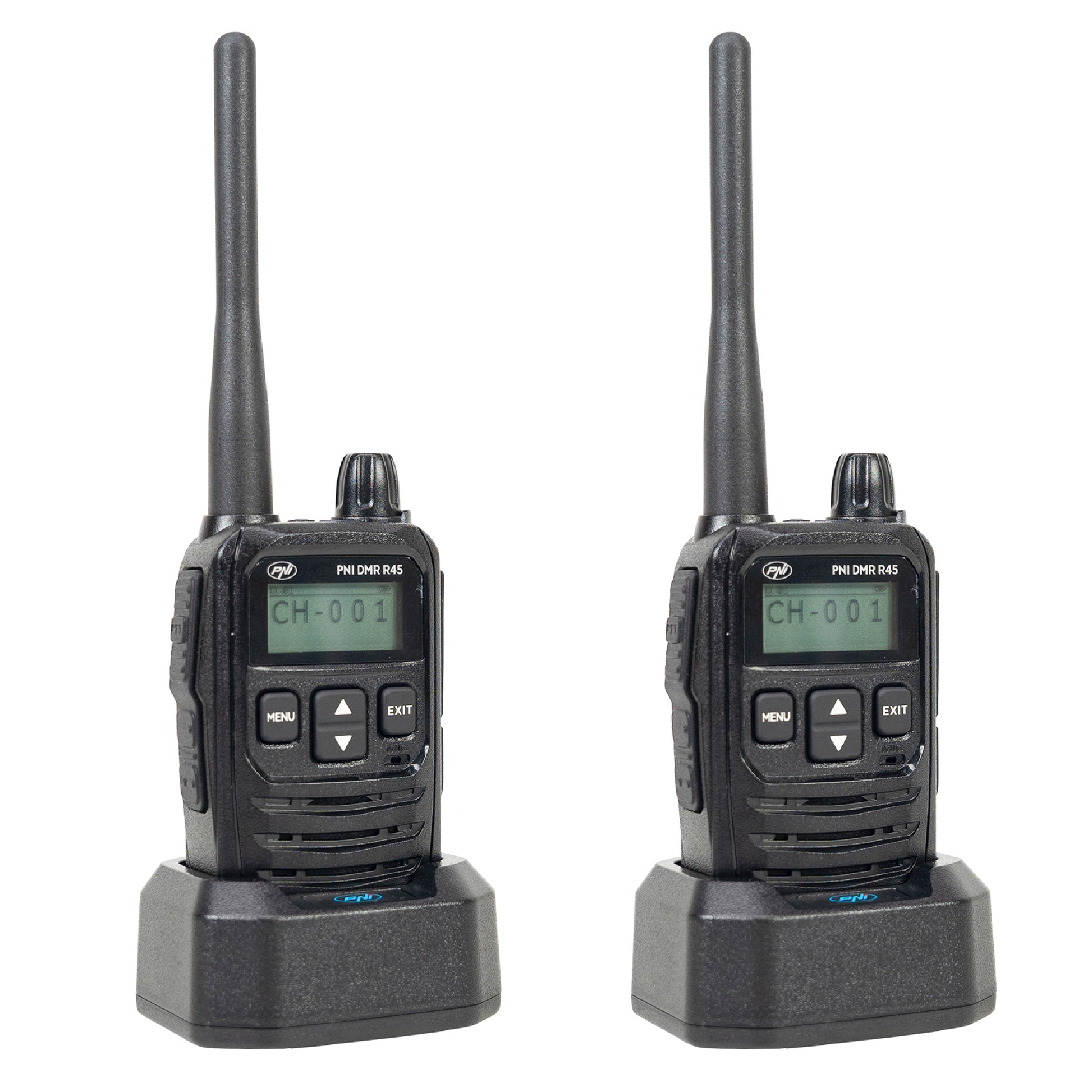 Kit 2 statii radio portabile PNI DMR R45, digital si analogic, 446MHz, 16 canale digitale si 99 canale analogice, functie inregistrare voce, baterie Li-Ion 2000mAh