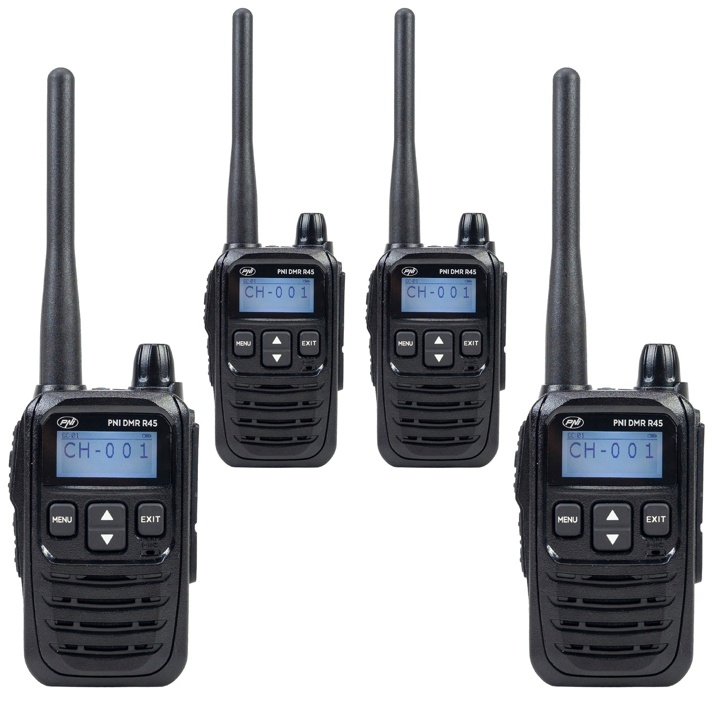 Kit 4 statii radio portabile PNI DMR R45, digital si analogic, 446MHz, 16 canale digitale si 99 canale analogice, functie inregistrare voce, baterie Li-Ion 2000mAh