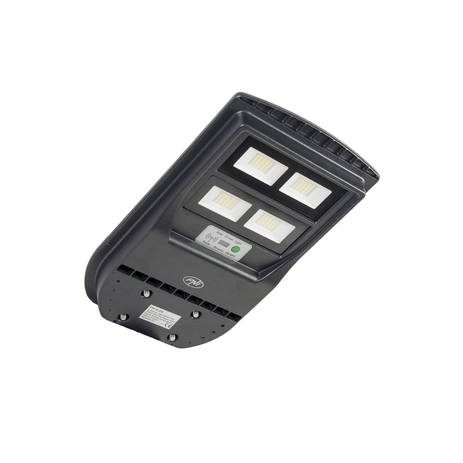 Lampa de iluminat stradal PNI SL210 6.5W, cu panou solar incorporat 10W, 6500K, 1000lm, 2 x acumulator 10Ah incorporat, senzor de miscare cu microunde