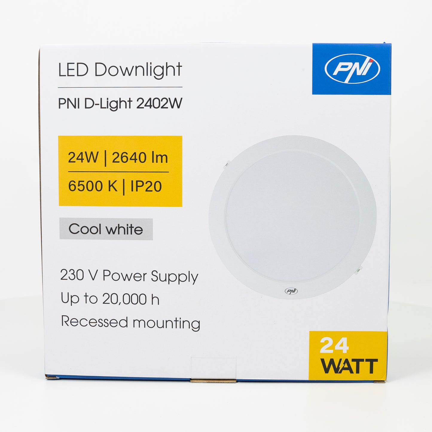 Plafoniera LED PNI D-Light 2402W 24W, incastrabila, rotunda 29 cm, 6500K, alimentare 230V, 2640 lm, alb
