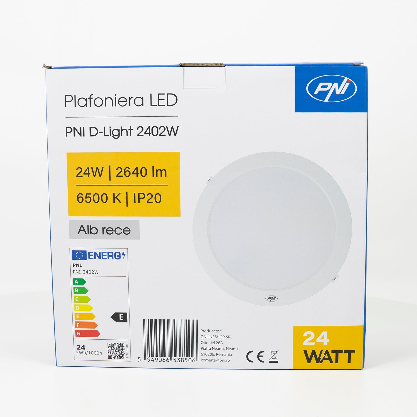 Plafoniera LED PNI D-Light 2402W 24W, incastrabila, rotunda 29 cm, 6500K, alimentare 230V, 2640 lm, alb