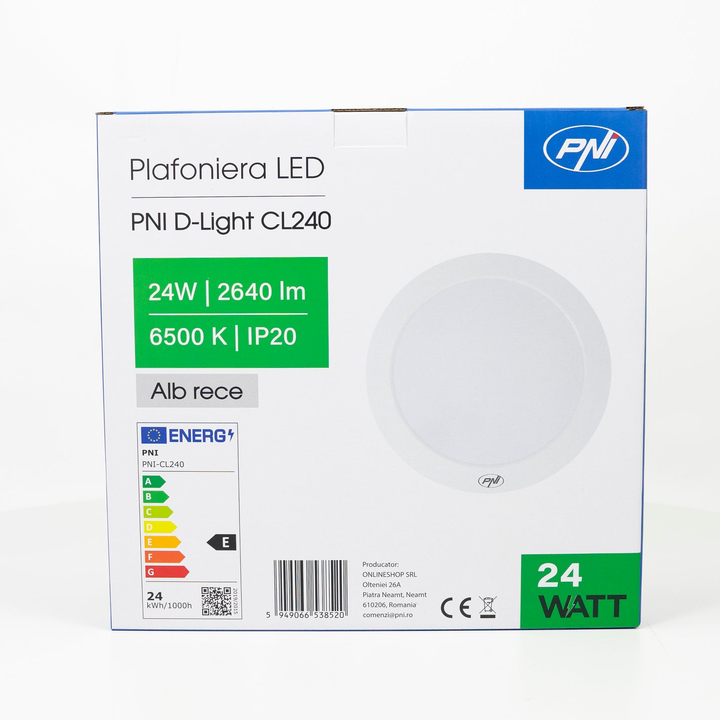 Plafoniera LED PNI D-Light CL240 24W, rotunda 29 cm, 6500K, alimentare 230V, 2640 lm, alb