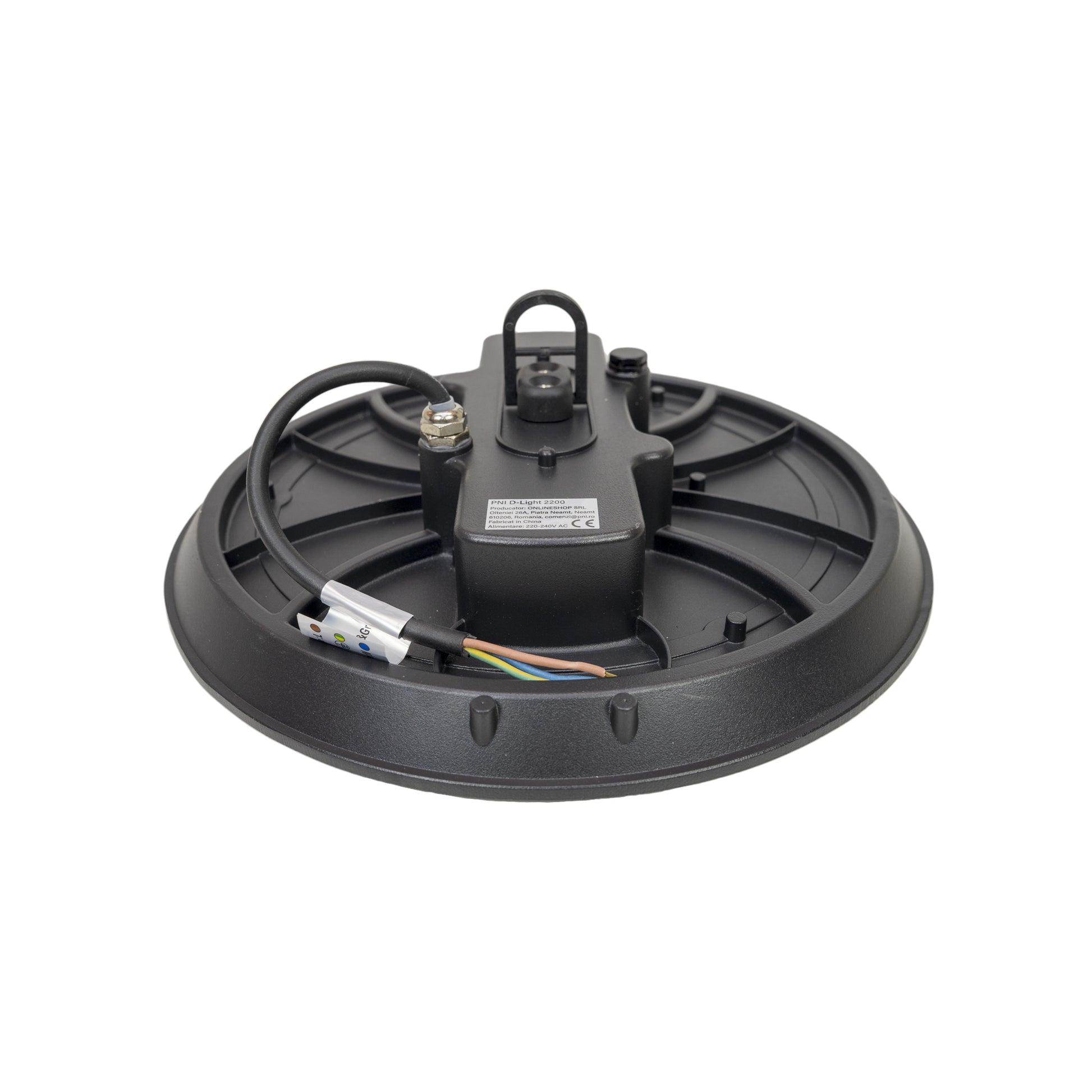 Lampa LED PNI D-Light 2200 tip High Bay, 200W, 27000lm, rotunda 32 cm, 6500K, alimentare 230 V, IP65, pentru iluminat industrial in spatii cu inaltime mare