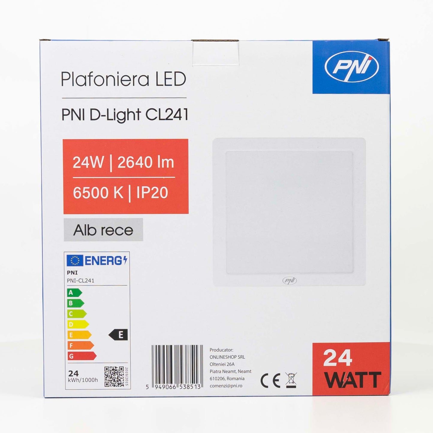 Plafoniera LED PNI D-Light CL241 24W, patrata 28x28 cm, 6500K, alimentare 230V, 2640 lm, alb