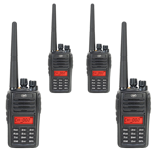 Kit 4 statii radio portabile PNI PMR R18, 446MHz, 0.5W, 128 canale, 16 PMR si tonuri 50 CTCSS si 104 DCS, Radio FM, programabila, Waterproof IP67