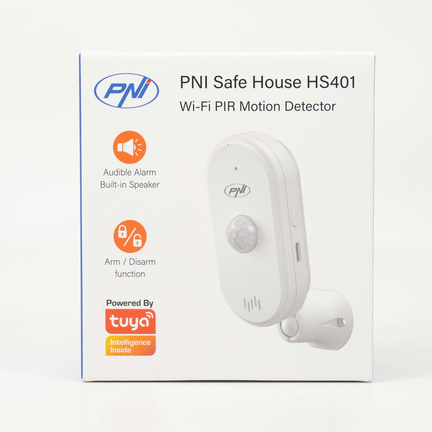 Senzor de miscare PIR PNI SafeHouse HS401 cu Wi-Fi, compatibil cu aplicatia Tuya, alarma sonora 80dB, difuzor incorporat, alimentare 5V USB C
