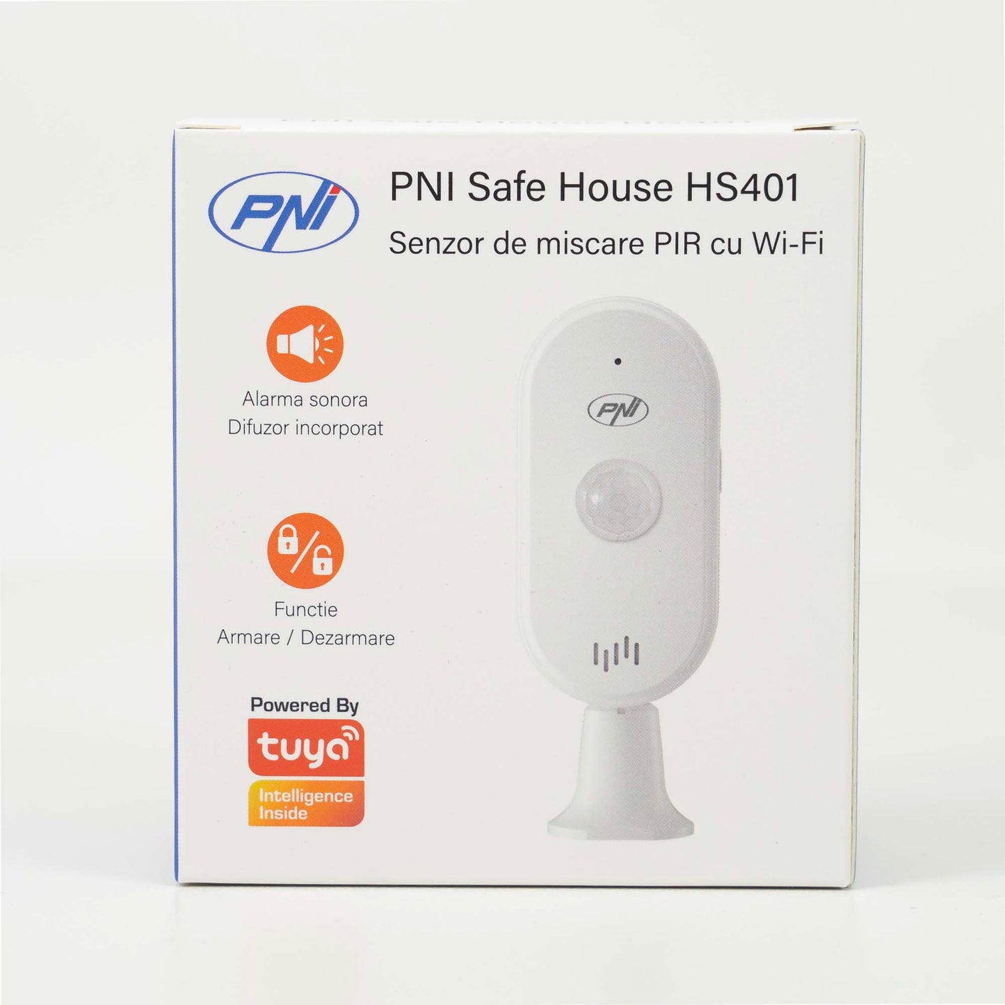 Senzor de miscare PIR PNI SafeHouse HS401 cu Wi-Fi, compatibil cu aplicatia Tuya, alarma sonora 80dB, difuzor incorporat, alimentare 5V USB C