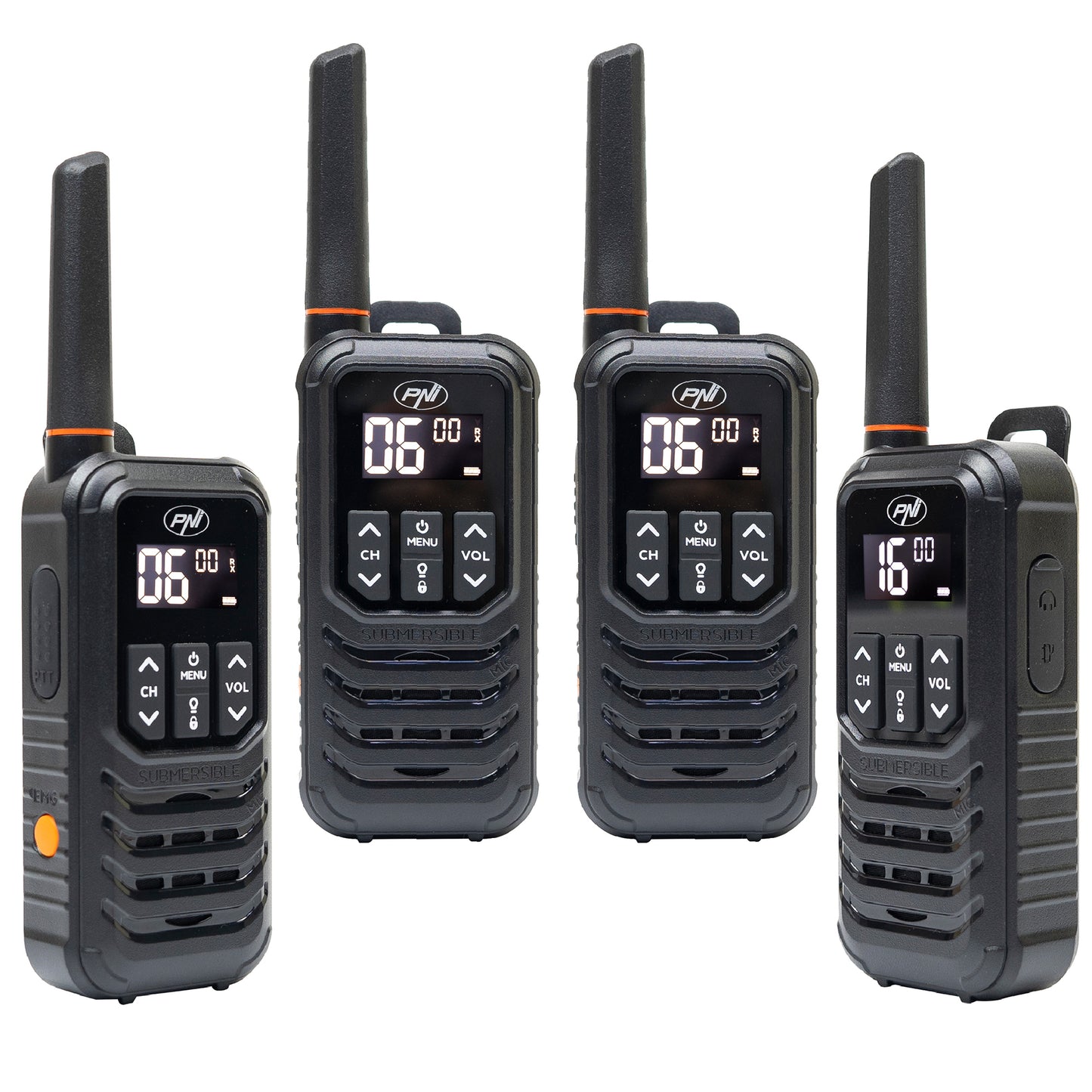 Kit 4 statii radio portabile PNI PMR R80 PRO 0.5W, 16 canale, Waterproof IP67, cu lanterna LED, buton SOS, VOX, USB-C