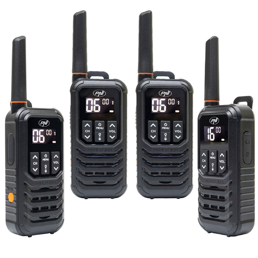 Kit 4 statii radio portabile PNI PMR R80 PRO 0.5W, 16 canale, Waterproof IP67, cu lanterna LED, buton SOS, VOX, USB-C