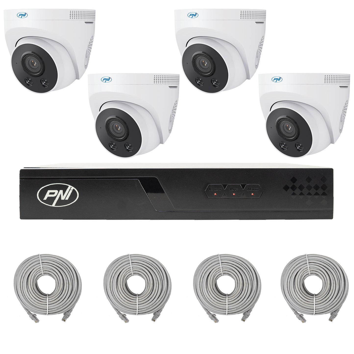 Pachet supraveghere video NVR POE PNI House IP710J, 4 camere PNI IP505J, 5MP si cabluri incluse