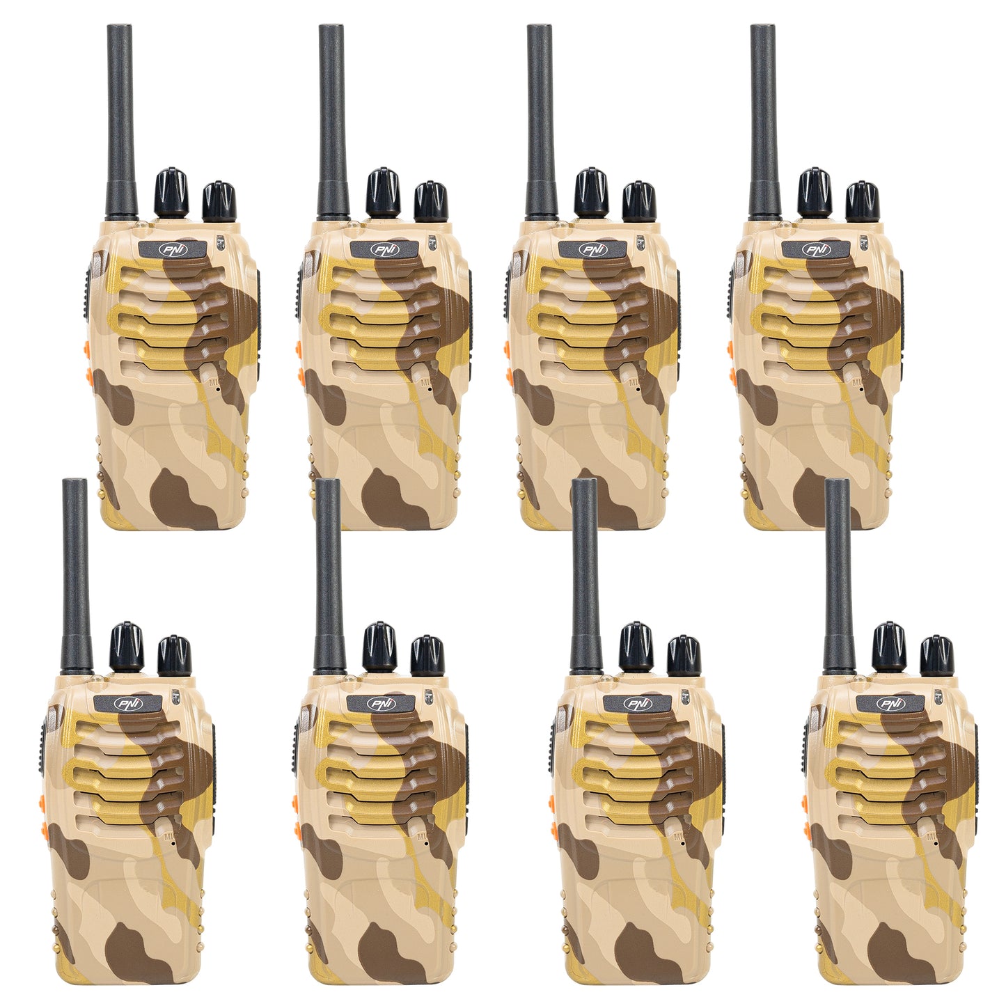 Pachet 8 statii radio portabile PNI PMR R40 CAMO 0.5W, 16 PMR, Li-Ion 1200mAh cu incarcatoare si casti incluse