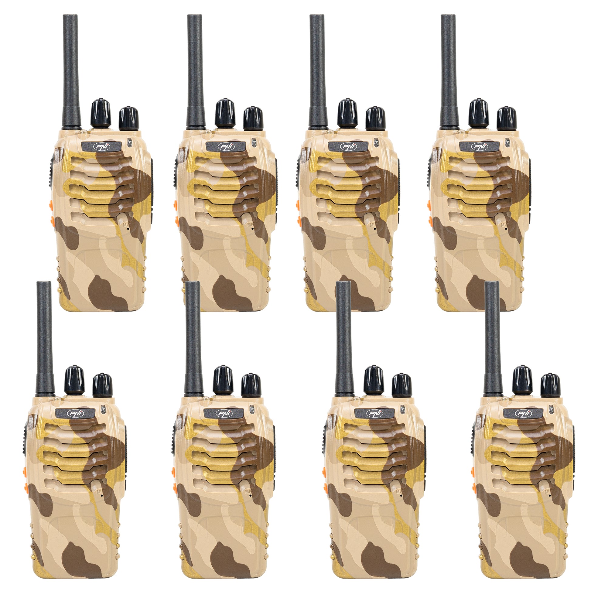 Pachet 8 statii radio portabile PNI PMR R40 CAMO 0.5W, 16 PMR, Li-Ion 1200mAh cu incarcatoare si casti incluse