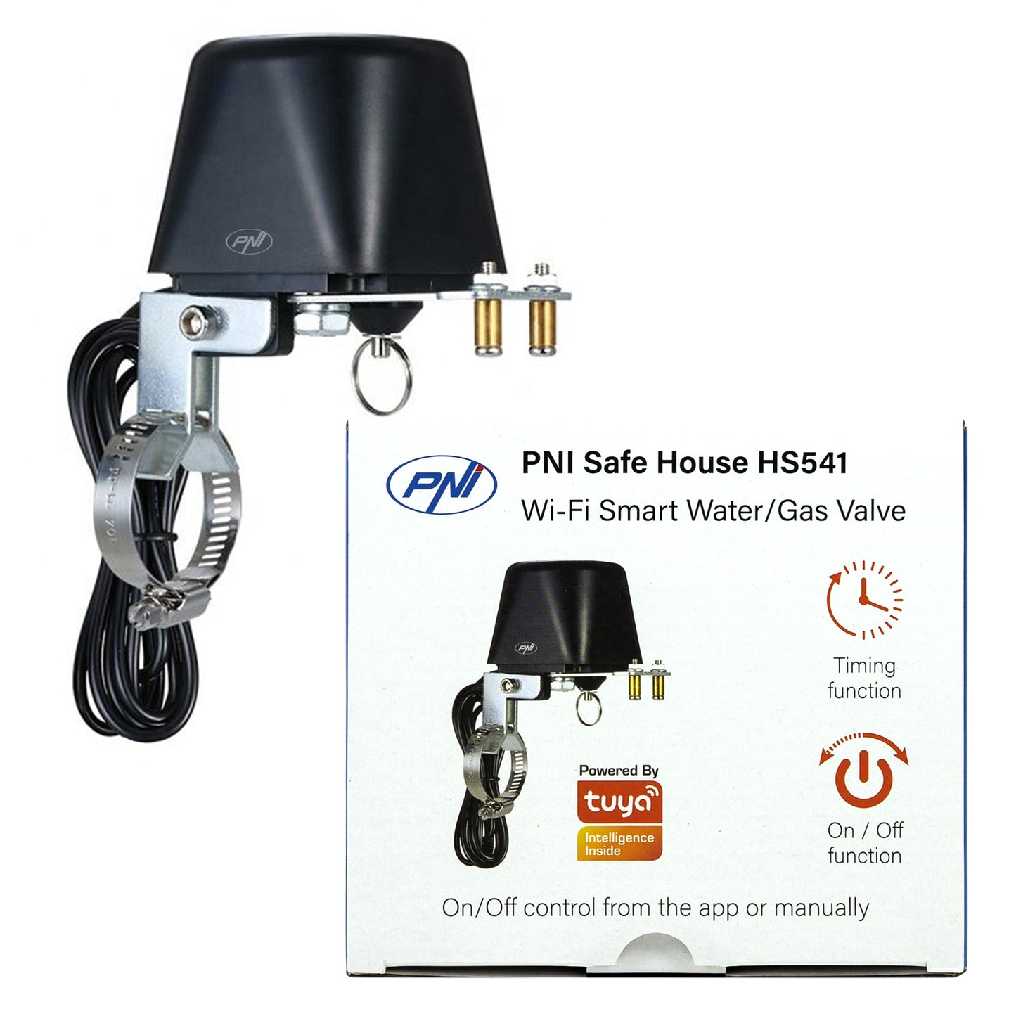 Valva inteligenta PNI Safe House HS541 cu Wi-Fi, pentru oprire alimentare conducta apa/gaz prin internet, compatibil cu aplicatia Tuya, alimentare 12V