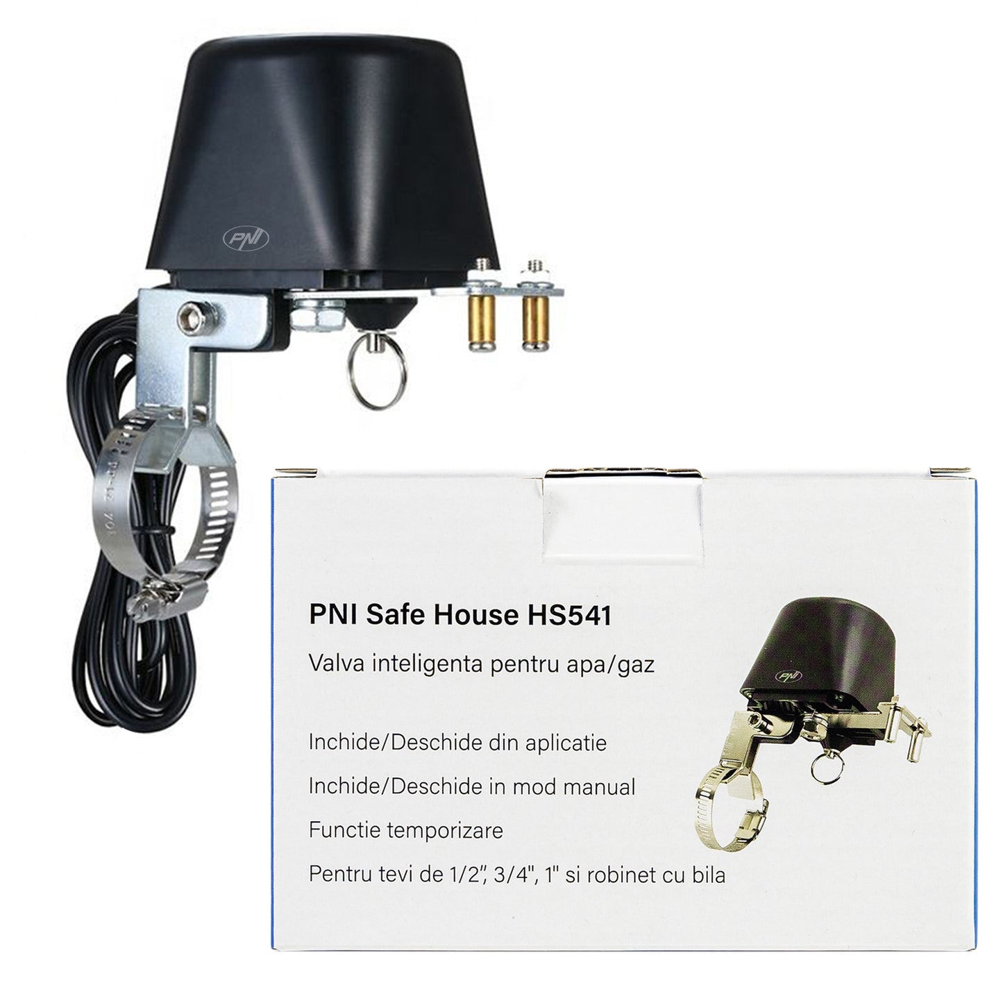 Valva inteligenta PNI Safe House HS541 cu Wi-Fi, pentru oprire alimentare conducta apa/gaz prin internet, compatibil cu aplicatia Tuya, alimentare 12V
