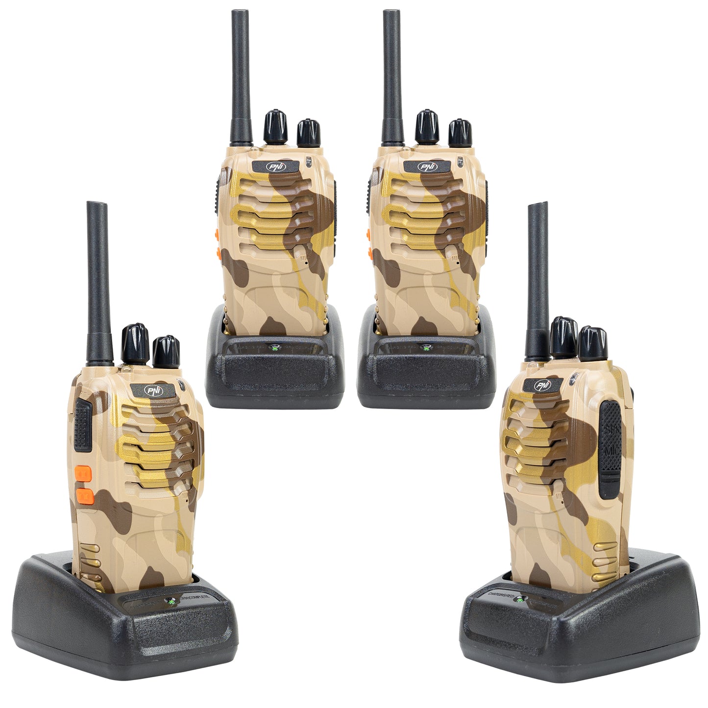 Pachet statii radio portabile PNI PMR R40 Camo 0.5W, 16 canale, ASQ, TOT, monitor, programabila, acumulatori Li-Ion 1200mAh, incarcatoare si casti incluse, set cu 4 buc