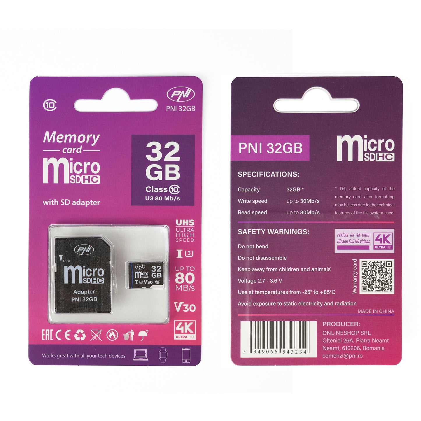 Pachet 2 bucati Card de memorie MicroSD PNI 32GB Clasa 10, 80 Mb/s, V30 cu adaptoare SD incluse