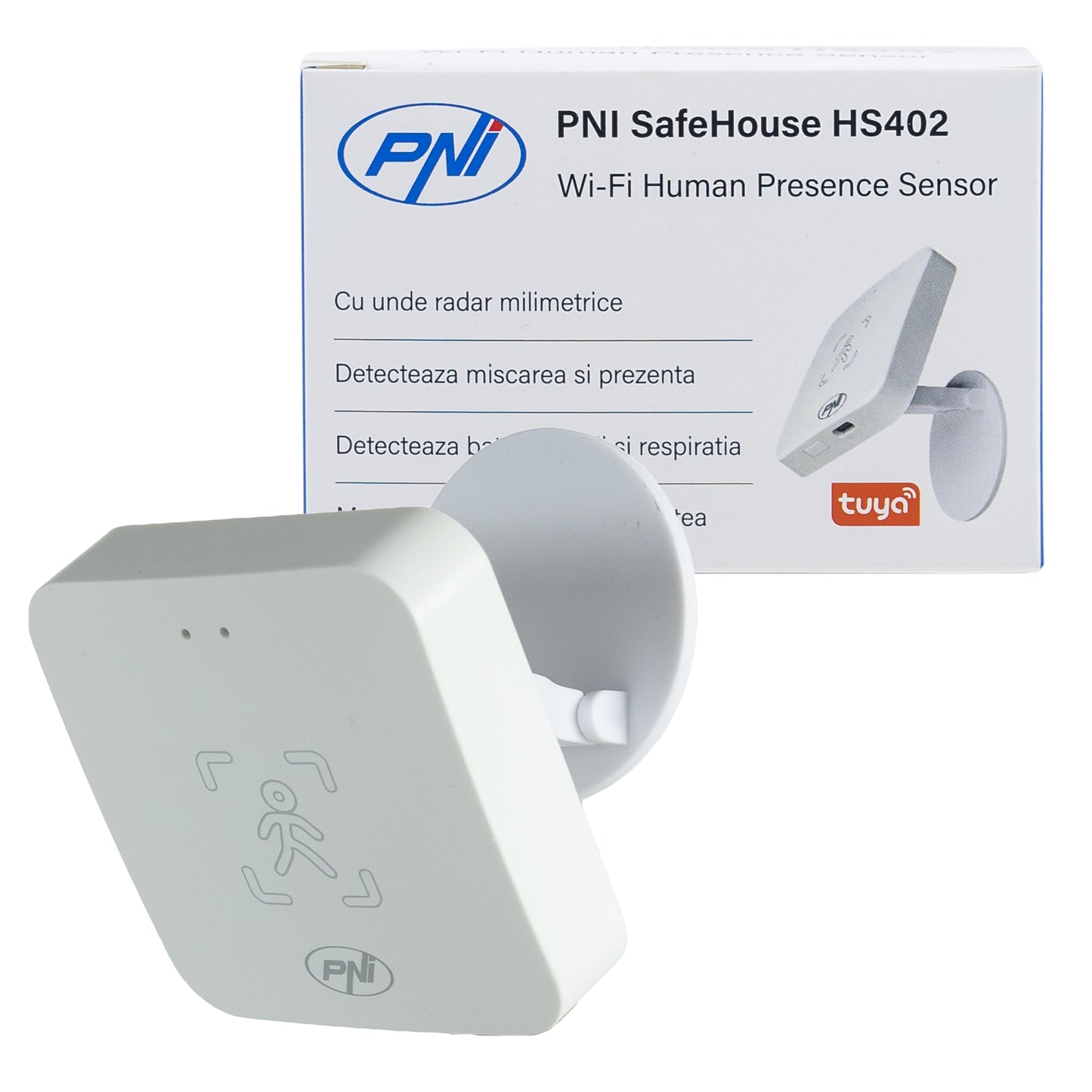 Senzor de prezenta PNI SafeHouse HS402 Wi-Fi, cu unde radar milimetrice, raza de 10 m, detecteaza miscarea si prezenta statica, masoara distanta si luminozitatea, compatibil cu aplicatia Tuya, alimentare 5V USB-C