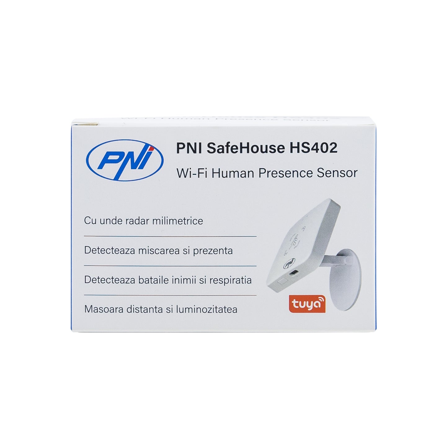 Senzor de prezenta PNI SafeHouse HS402 Wi-Fi, cu unde radar milimetrice, raza de 10 m, detecteaza miscarea si prezenta statica, masoara distanta si luminozitatea, compatibil cu aplicatia Tuya, alimentare 5V USB-C