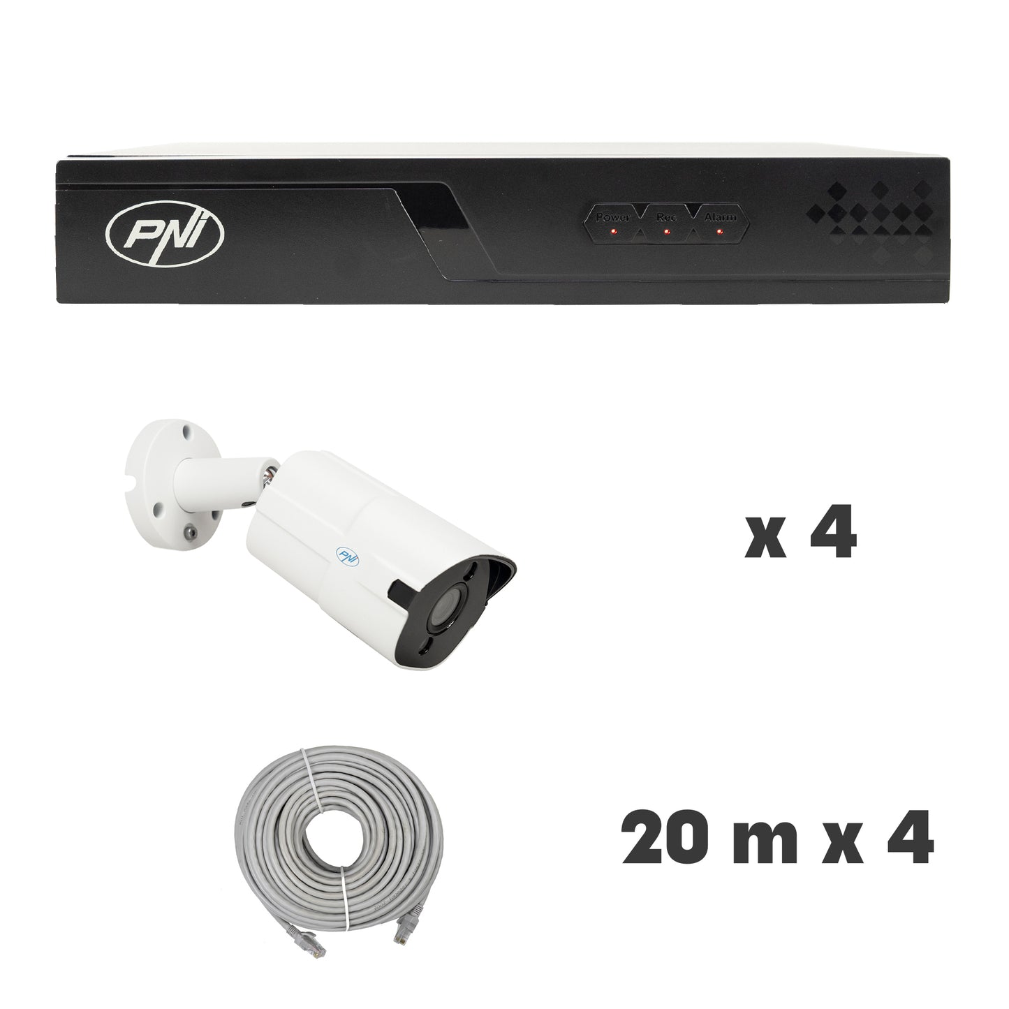 Pachet supraveghere video NVR POE PNI House IP710J, 4 camere PNI IP818J 8MP si 4 cabluri UTP CAT6 20 metri incluse
