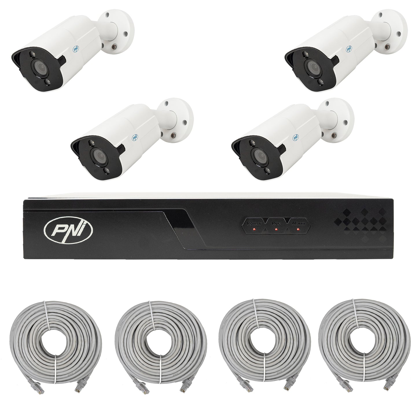 Pachet supraveghere video NVR POE PNI House IP710J, 4 camere PNI IP818J 8MP si 4 cabluri UTP CAT6 20 metri incluse