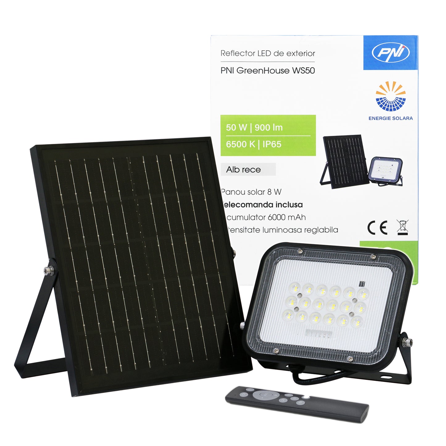 Reflector LED PNI GreenHouse WS50 50W cu panou solar, acumulator 6000mAh, telecomanda, timing si luminozitate reglabila, 6500 K, IP65