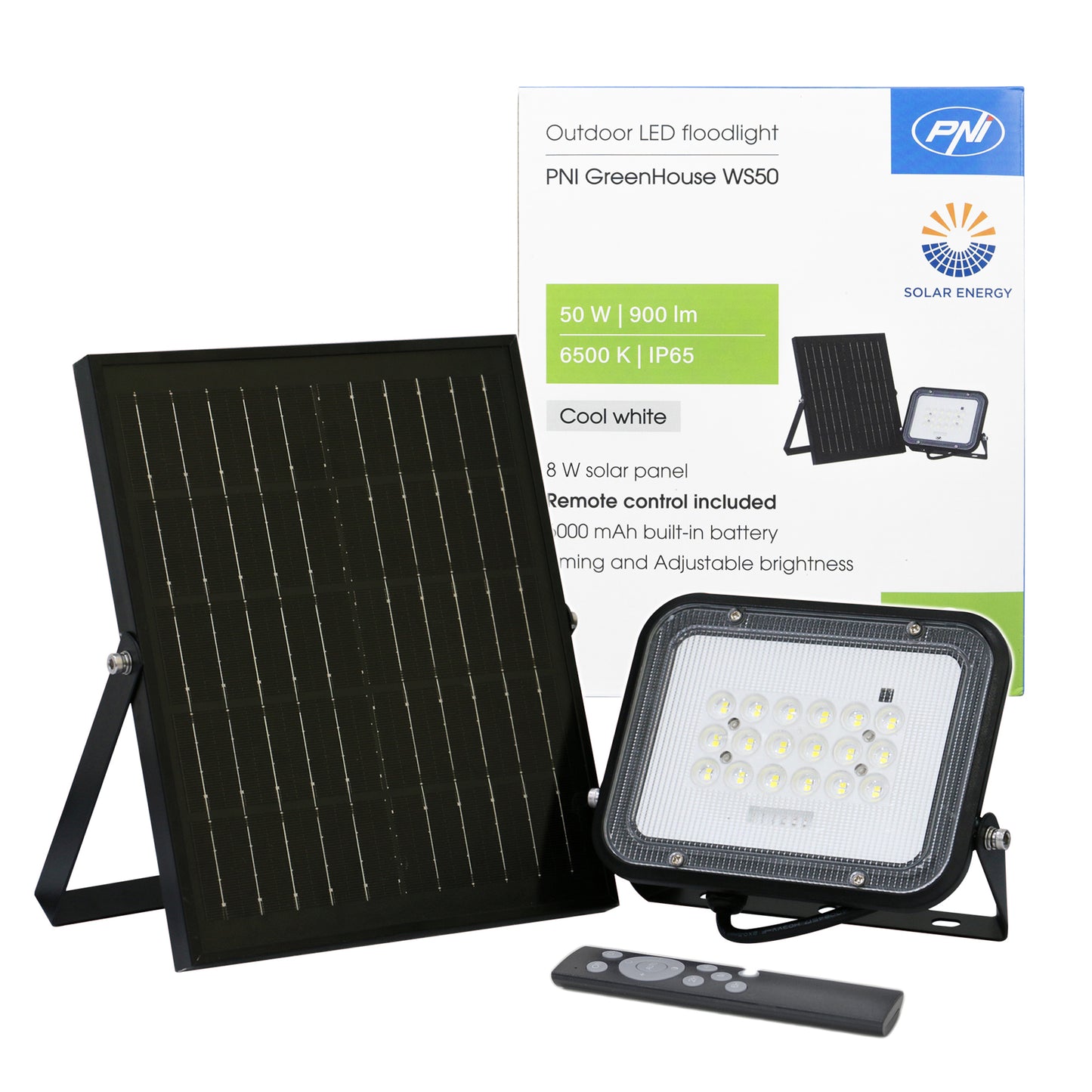 Reflector LED PNI GreenHouse WS50 50W cu panou solar, acumulator 6000mAh, telecomanda, timing si luminozitate reglabila, 6500 K, IP65