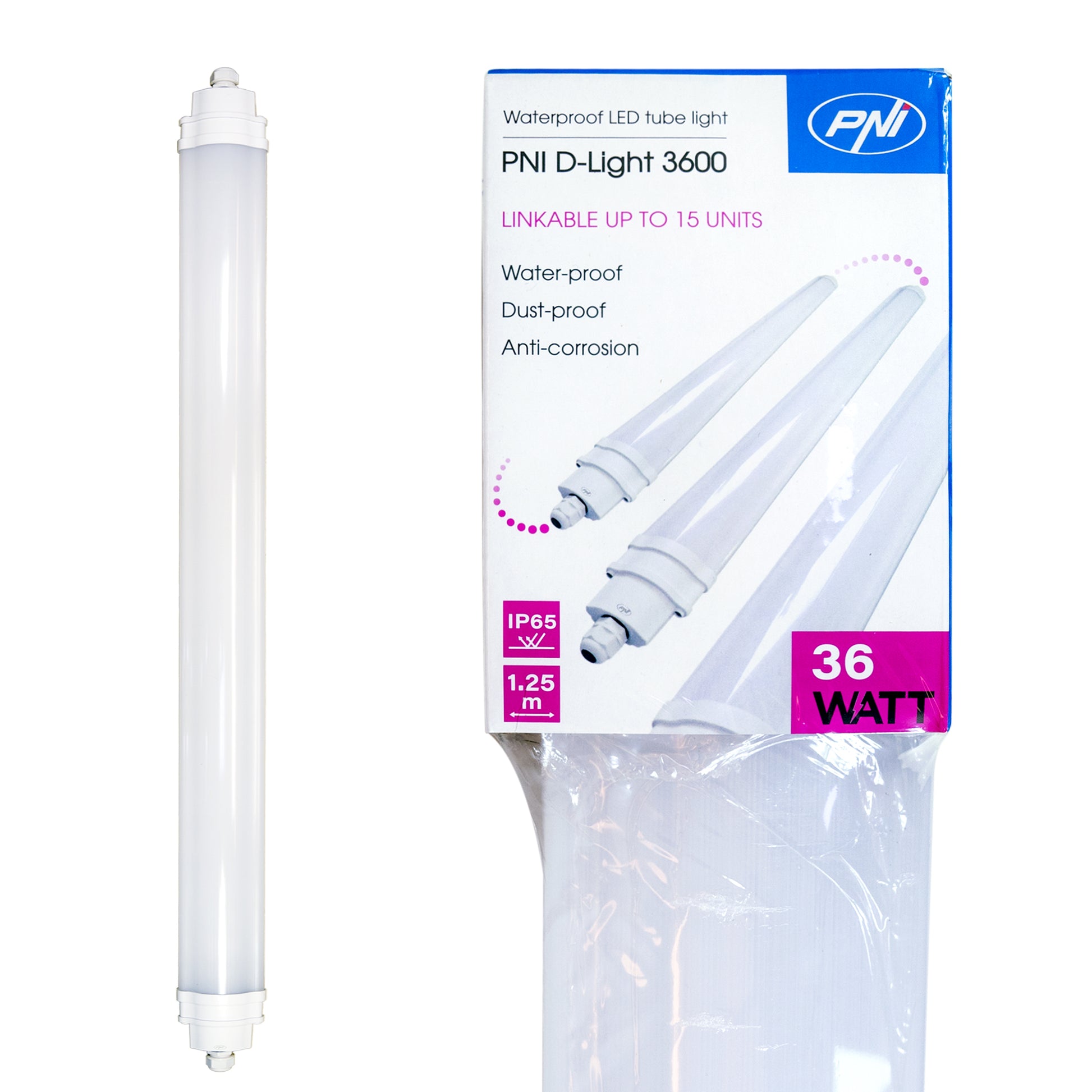 Corp de iluminat liniar cu LED PNI D-Light 3600, 36W, 6500k, etans IP65, cu protectie la apa, praf si coroziune, pentru iluminat industrial, tuneluri, pasaje, metrou