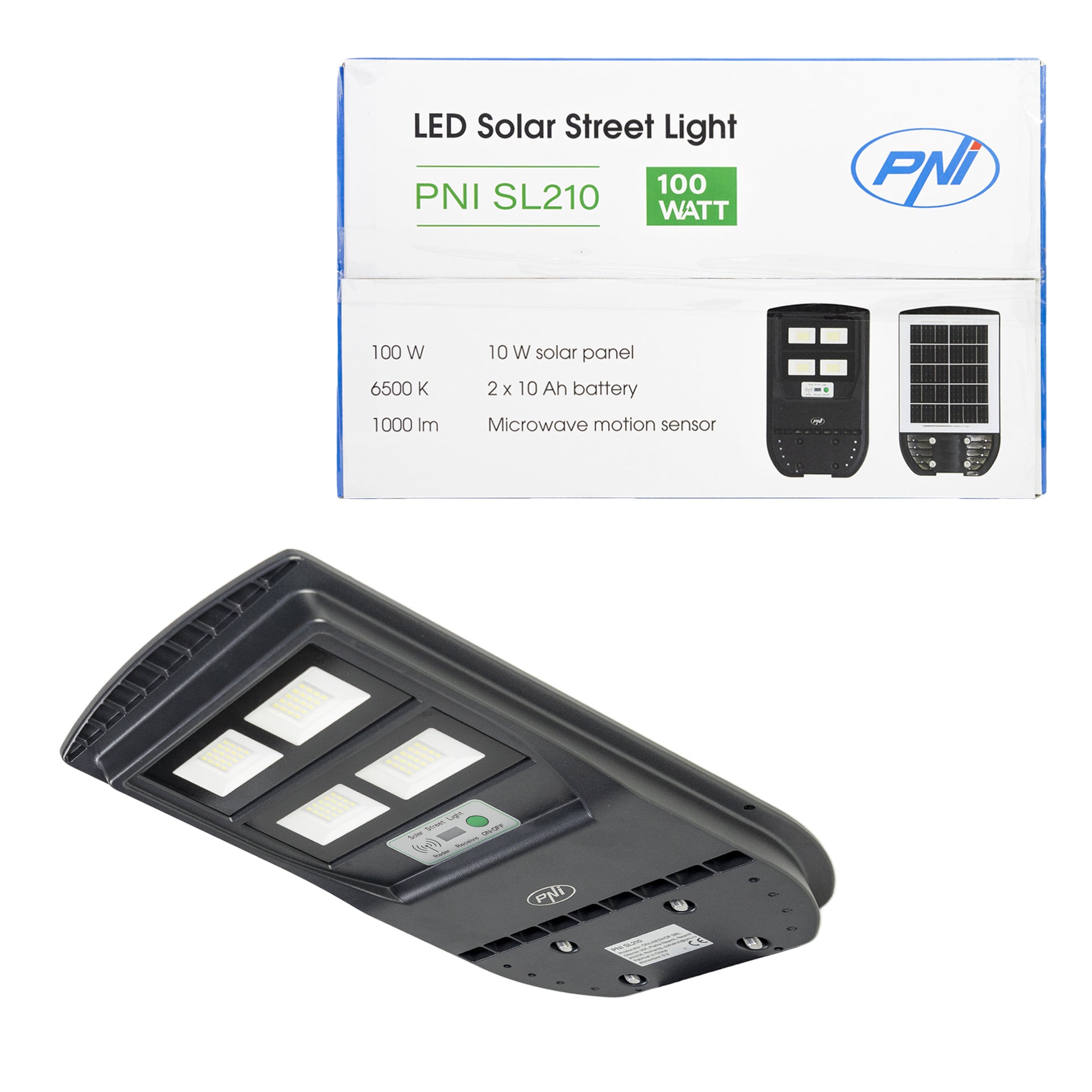 Lampa de iluminat stradal PNI SL210 6.5W, cu panou solar incorporat 10W, 6500K, 1000lm, 2 x acumulator 10Ah incorporat, senzor de miscare cu microunde