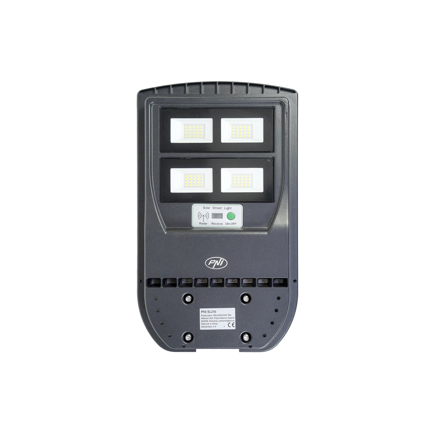 Lampa de iluminat stradal PNI SL210 6.5W, cu panou solar incorporat 10W, 6500K, 1000lm, 2 x acumulator 10Ah incorporat, senzor de miscare cu microunde