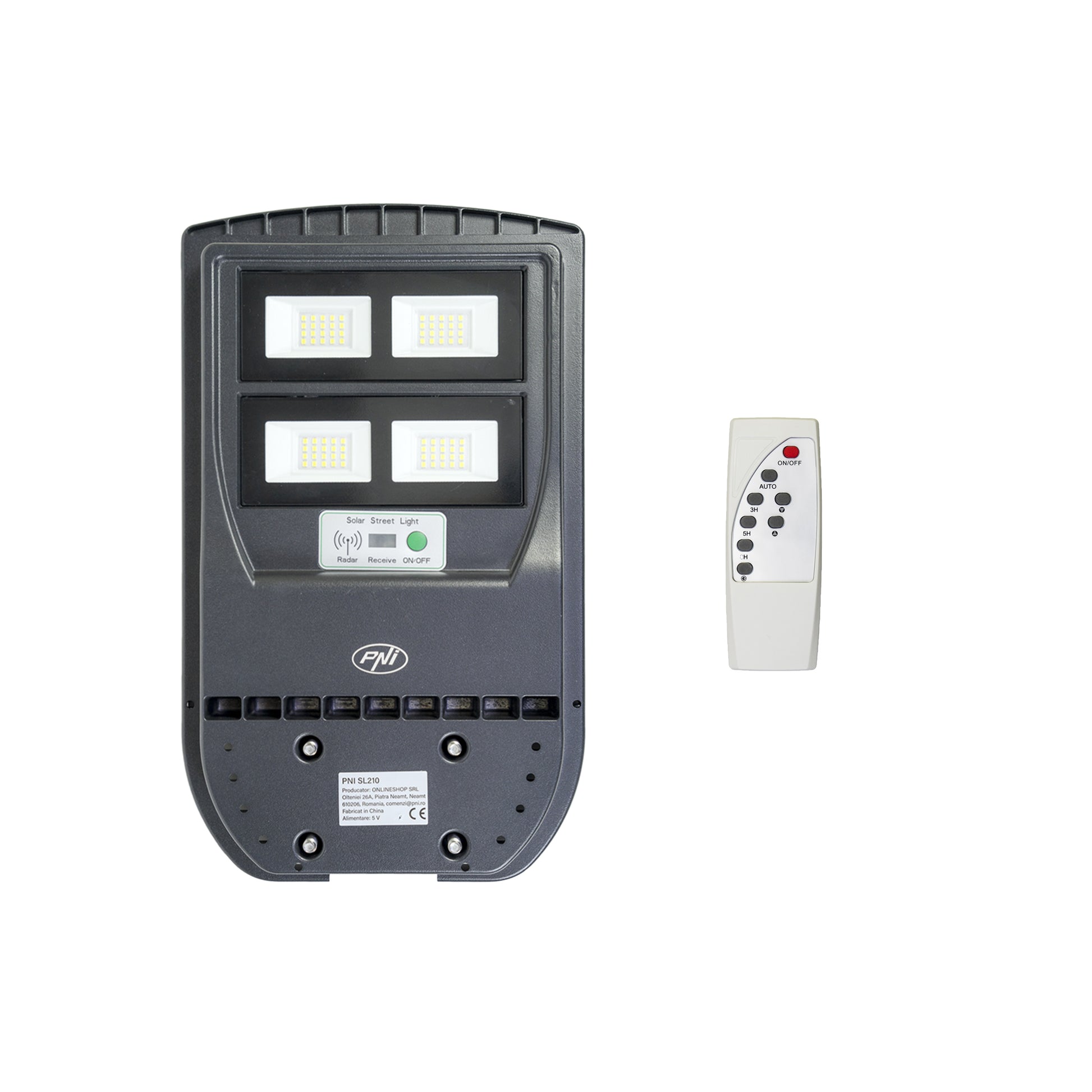 Lampa de iluminat stradal PNI SL210 6.5W, cu panou solar incorporat 10W, 6500K, 1000lm, 2 x acumulator 10Ah incorporat, senzor de miscare cu microunde