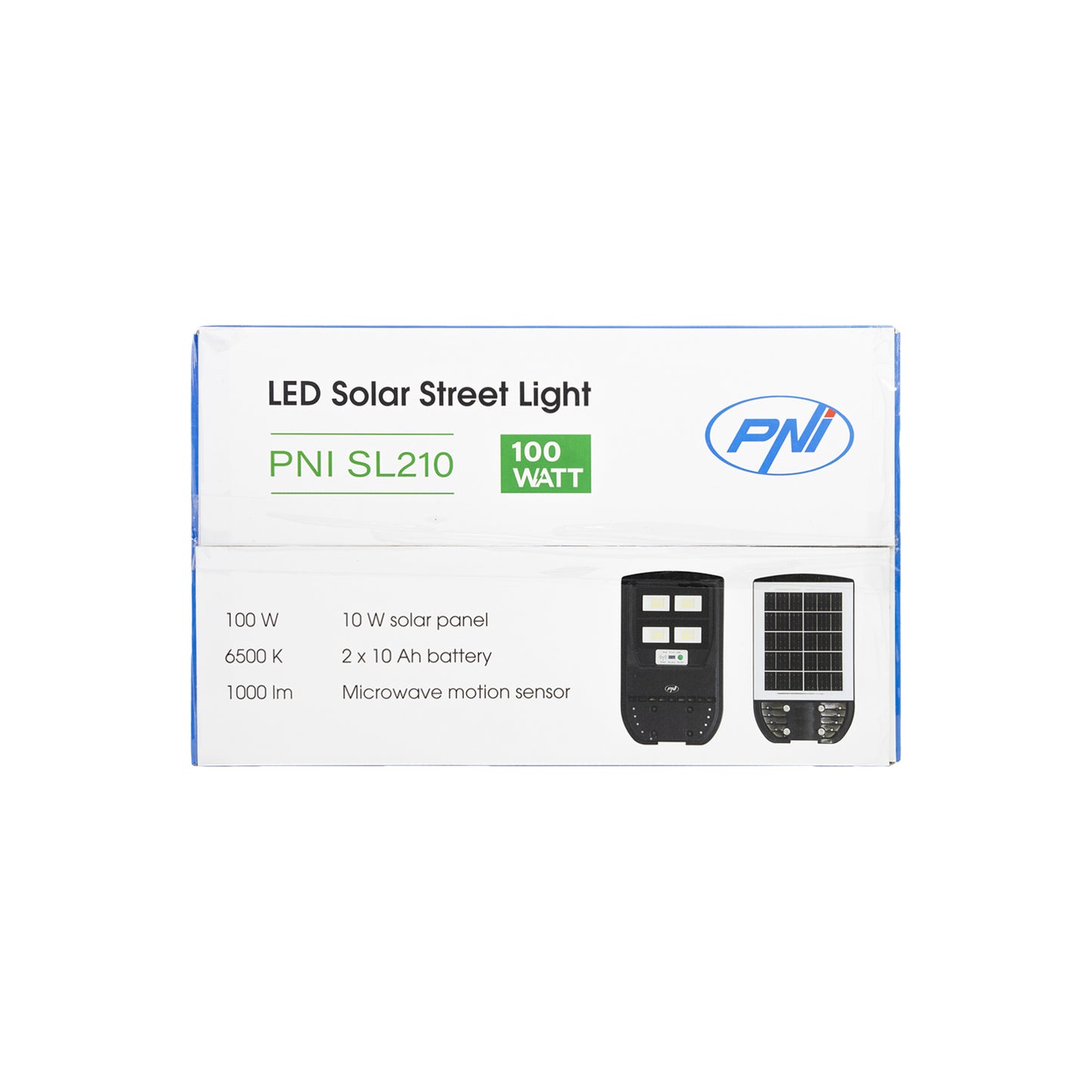 Lampa de iluminat stradal PNI SL210 6.5W, cu panou solar incorporat 10W, 6500K, 1000lm, 2 x acumulator 10Ah incorporat, senzor de miscare cu microunde