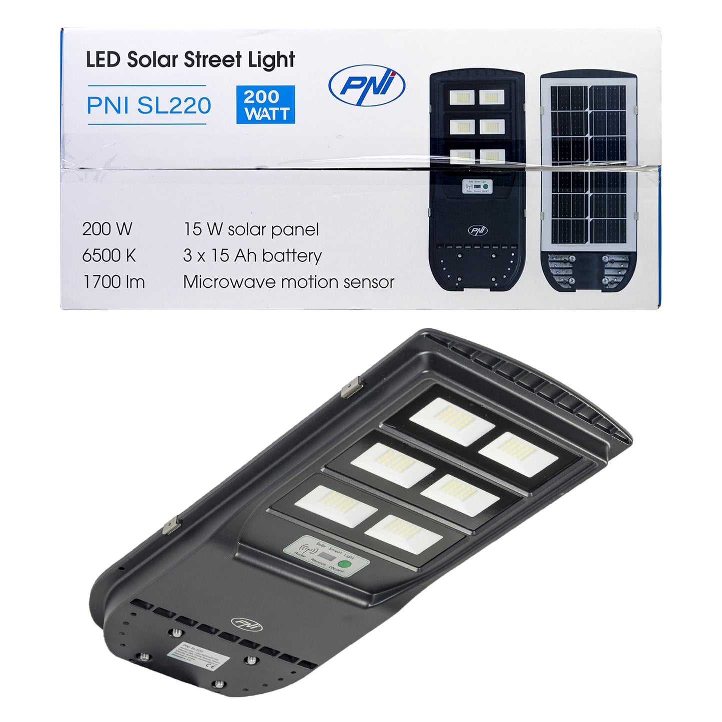 Lampa de iluminat stradal PNI SL220 13W, cu panou solar incorporat 15W, 6500K, 1700lm, 3 x acumulator 15Ah incorporat, senzor de miscare cu microunde