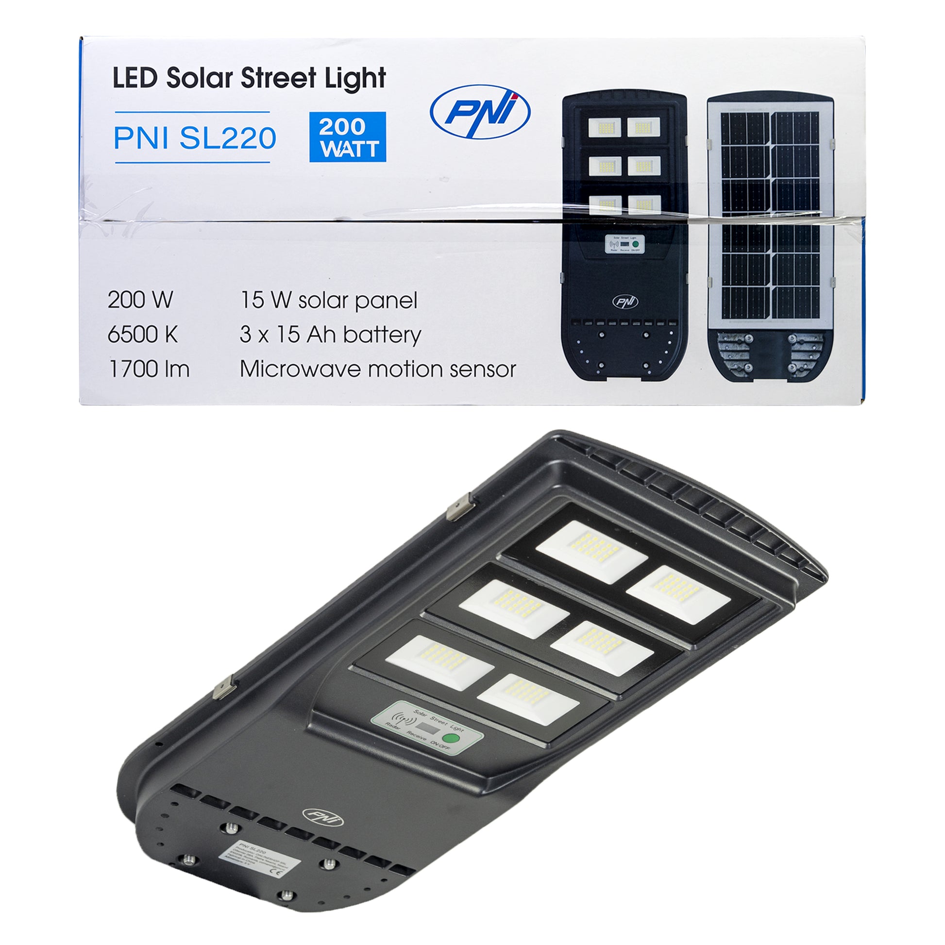 Lampa de iluminat stradal PNI SL220 13W, cu panou solar incorporat 15W, 6500K, 1700lm, 3 x acumulator 15Ah incorporat, senzor de miscare cu microunde