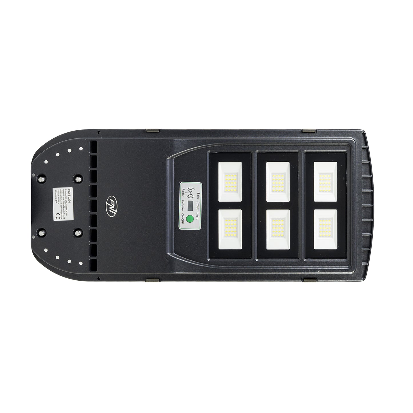 Lampa de iluminat stradal PNI SL220 13W, cu panou solar incorporat 15W, 6500K, 1700lm, 3 x acumulator 15Ah incorporat, senzor de miscare cu microunde