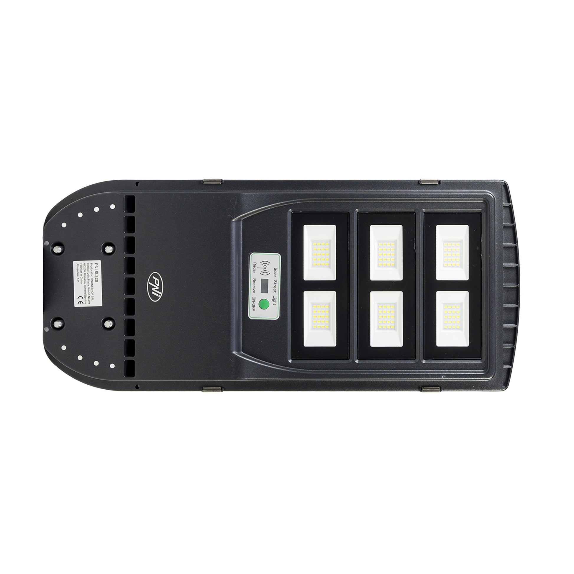 Lampa de iluminat stradal PNI SL220 13W, cu panou solar incorporat 15W, 6500K, 1700lm, 3 x acumulator 15Ah incorporat, senzor de miscare cu microunde