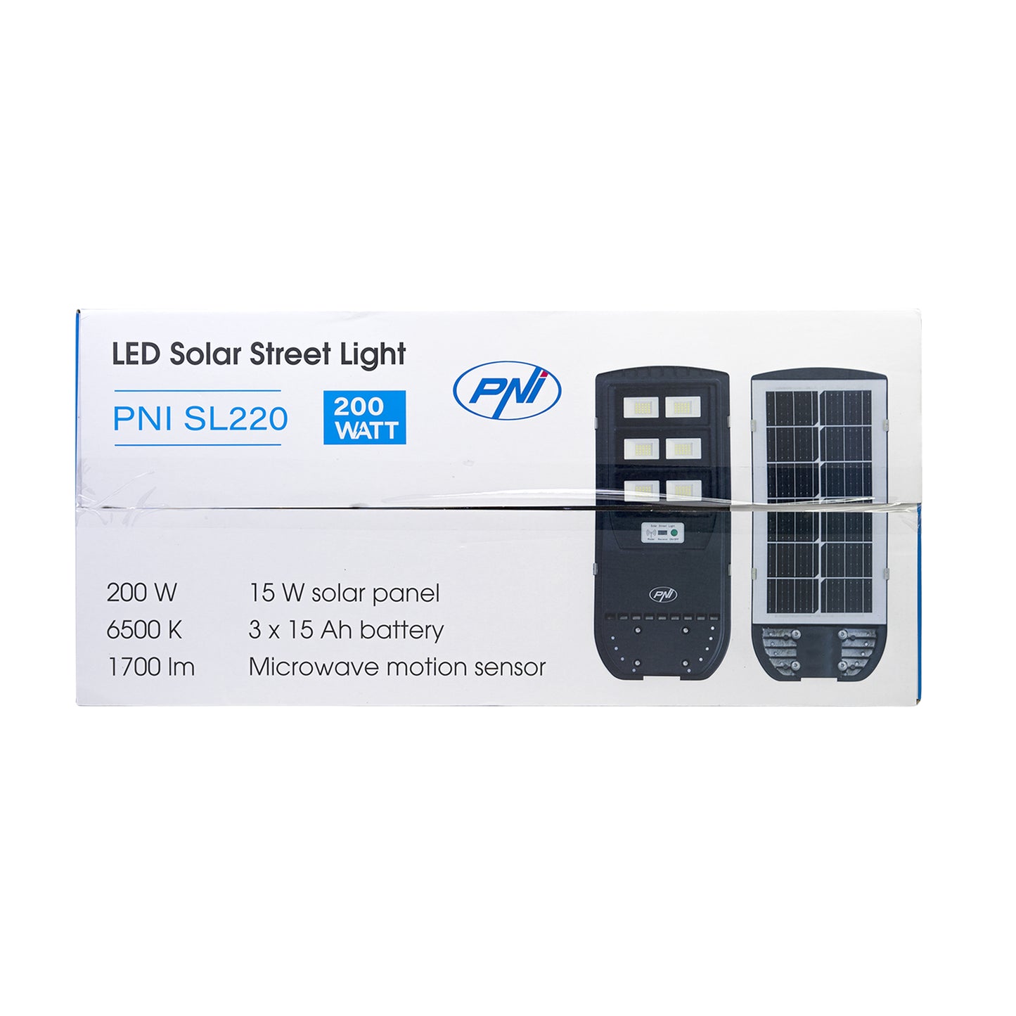 Lampa de iluminat stradal PNI SL220 13W, cu panou solar incorporat 15W, 6500K, 1700lm, 3 x acumulator 15Ah incorporat, senzor de miscare cu microunde