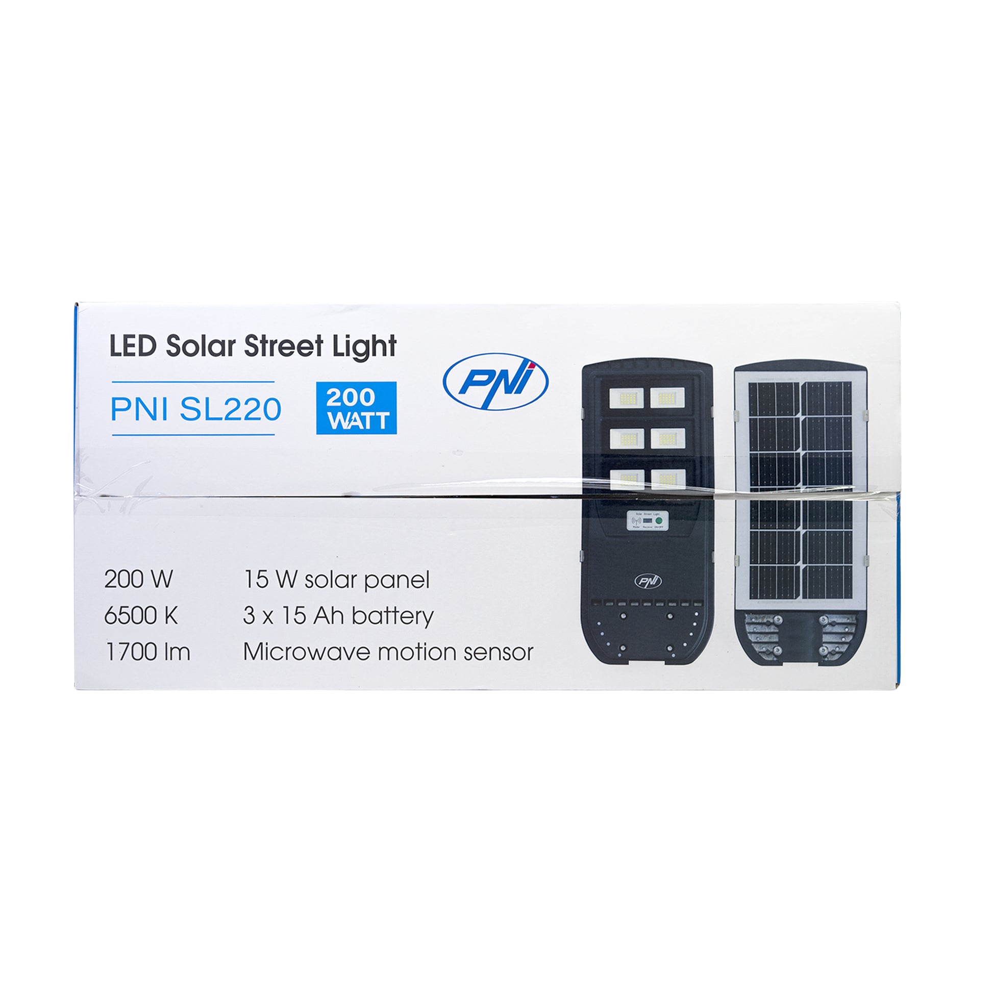 Lampa de iluminat stradal PNI SL220 13W, cu panou solar incorporat 15W, 6500K, 1700lm, 3 x acumulator 15Ah incorporat, senzor de miscare cu microunde