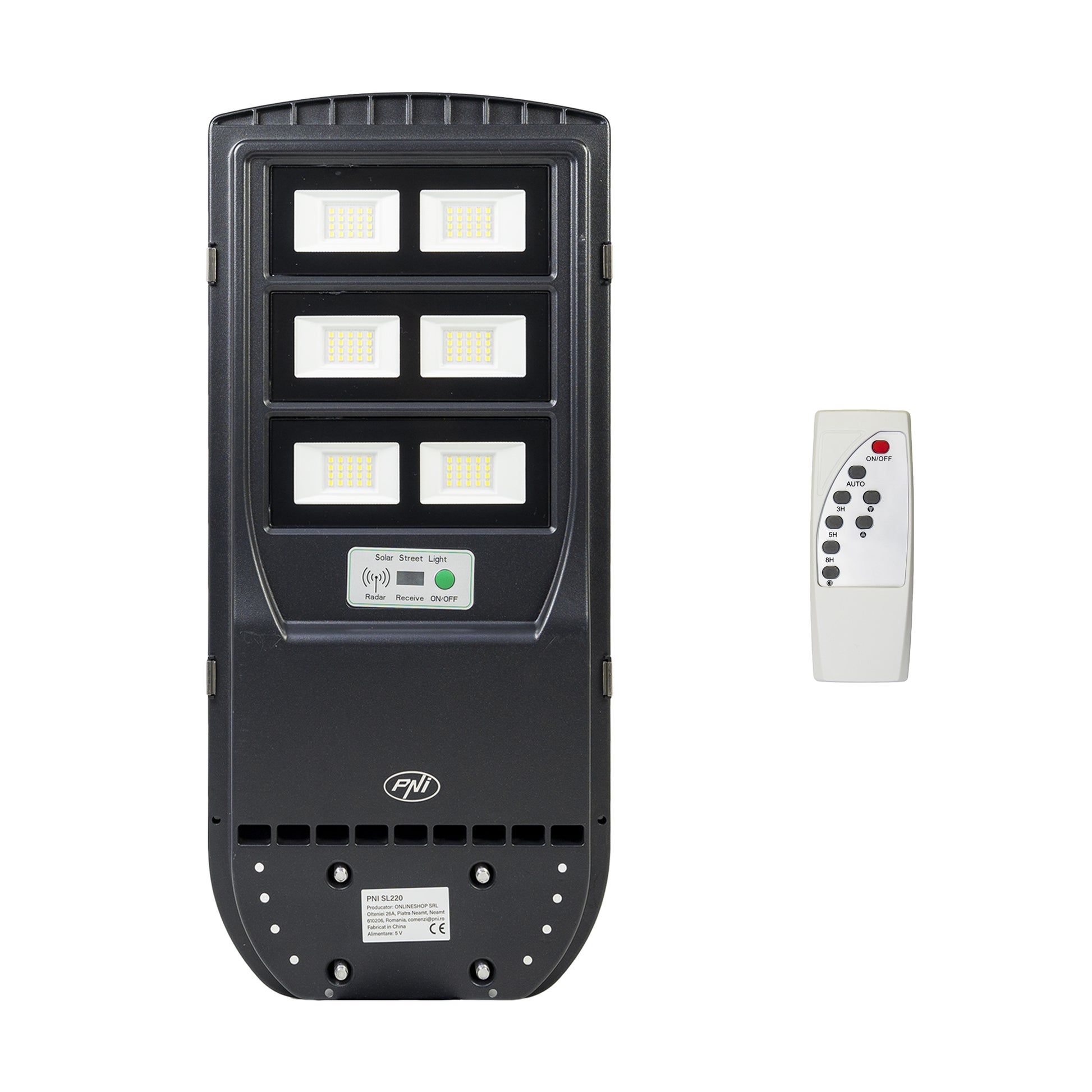 Lampa de iluminat stradal PNI SL220 13W, cu panou solar incorporat 15W, 6500K, 1700lm, 3 x acumulator 15Ah incorporat, senzor de miscare cu microunde
