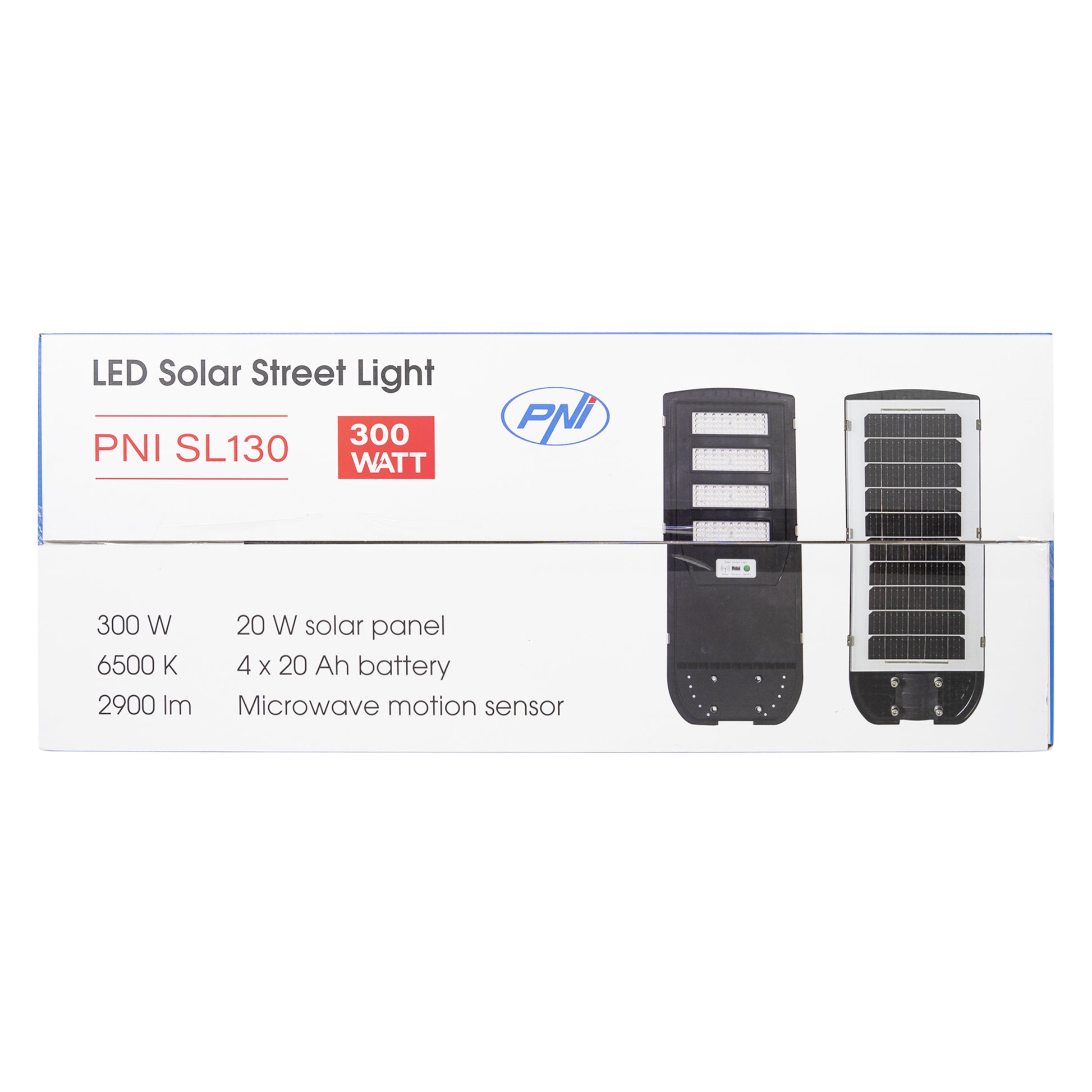 Lampa de iluminat stradal PNI SL130 20W, cu panou solar incorporat 20W, 6500K, 2900lm, 4 x acumulator 20Ah incorporat, senzor de miscare cu microunde