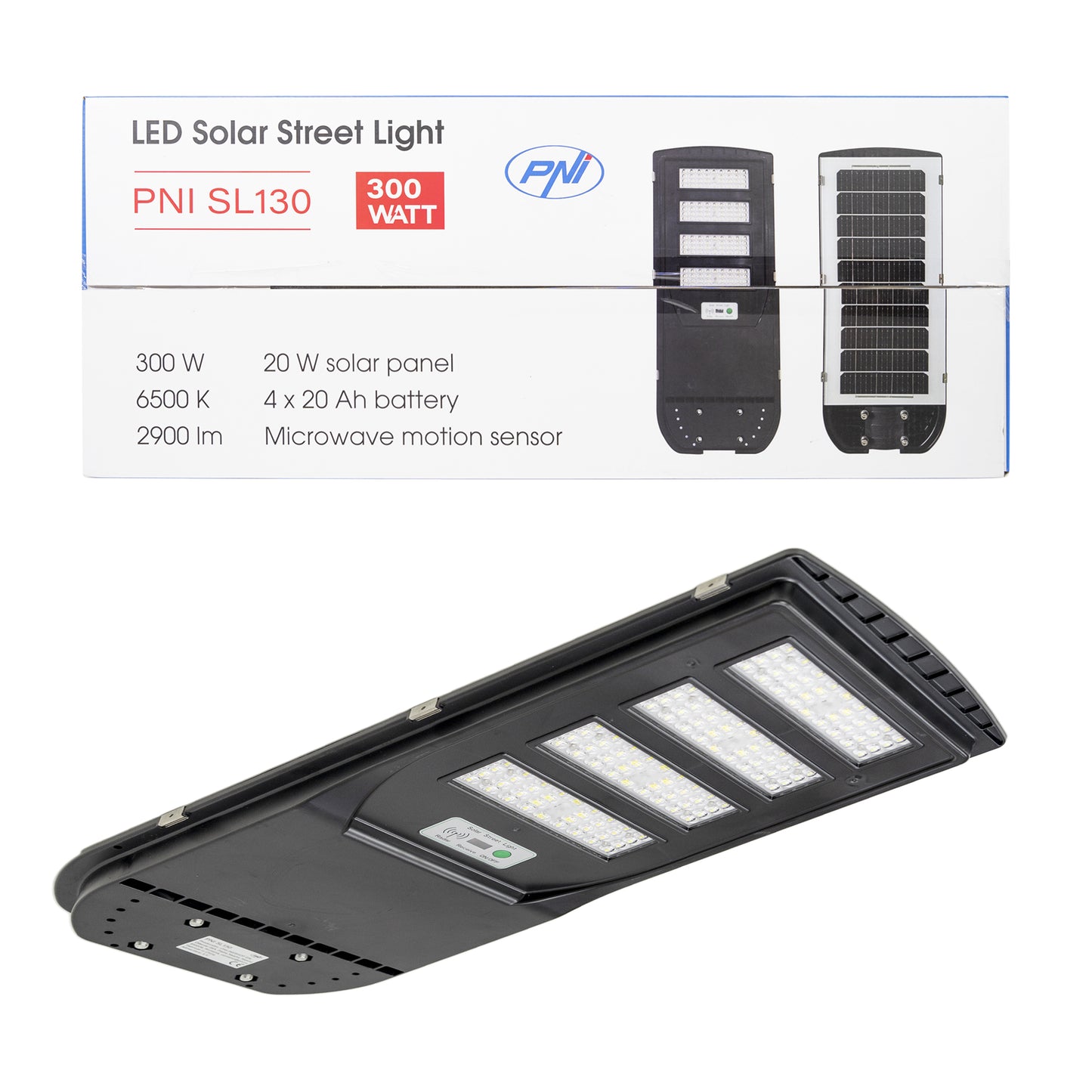 Lampa de iluminat stradal PNI SL130 20W, cu panou solar incorporat 20W, 6500K, 2900lm, 4 x acumulator 20Ah incorporat, senzor de miscare cu microunde