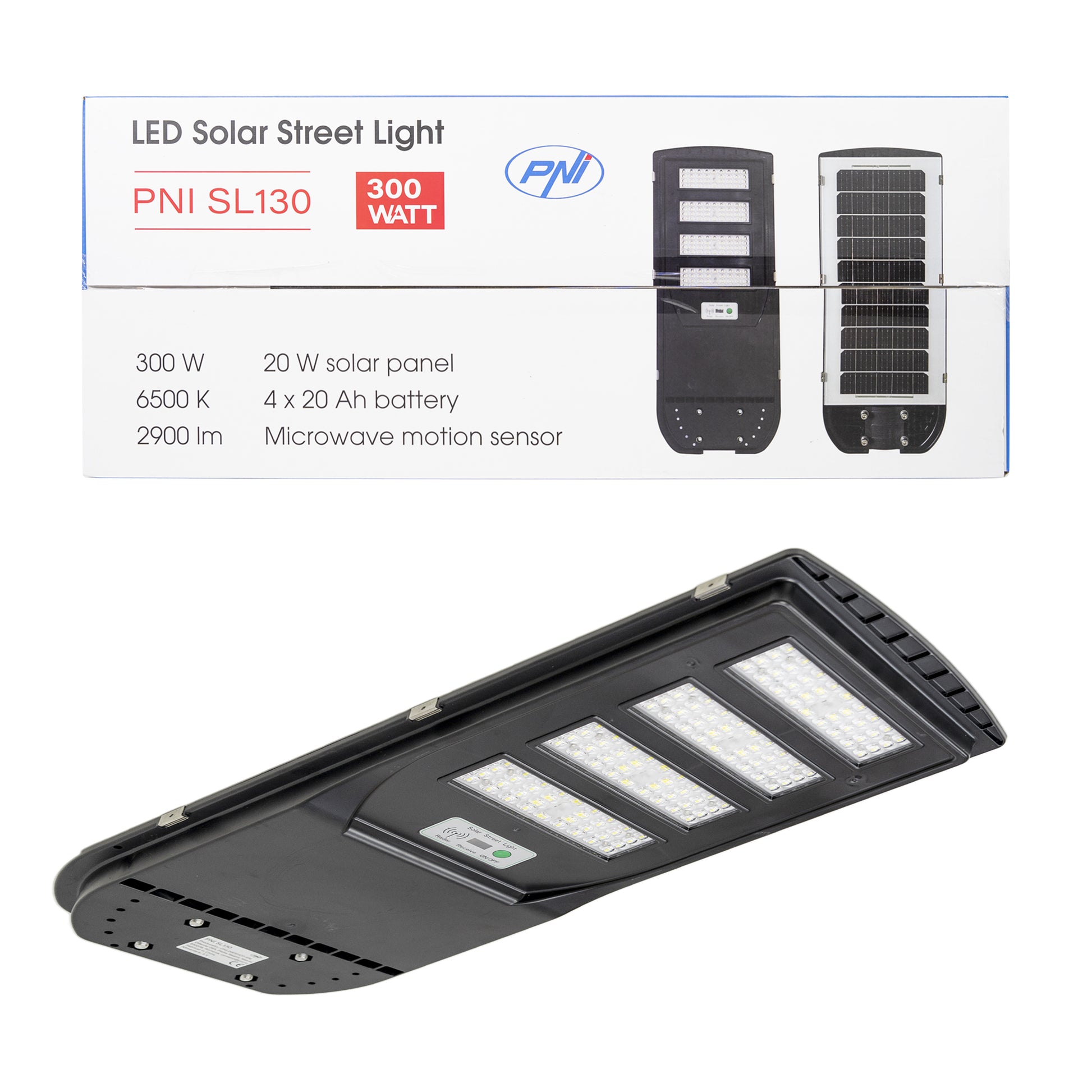 Lampa de iluminat stradal PNI SL130 20W, cu panou solar incorporat 20W, 6500K, 2900lm, 4 x acumulator 20Ah incorporat, senzor de miscare cu microunde