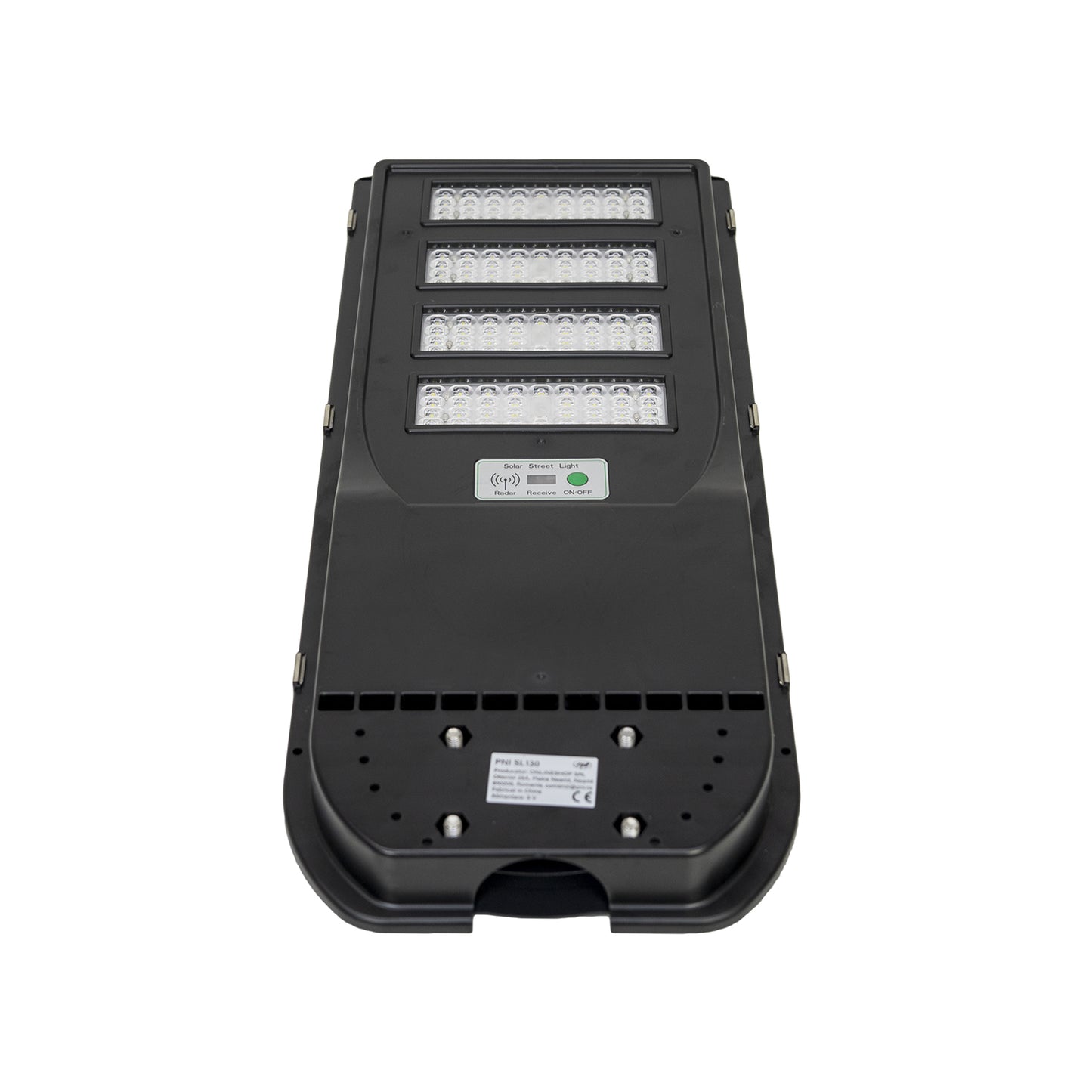Lampa de iluminat stradal PNI SL130 20W, cu panou solar incorporat 20W, 6500K, 2900lm, 4 x acumulator 20Ah incorporat, senzor de miscare cu microunde