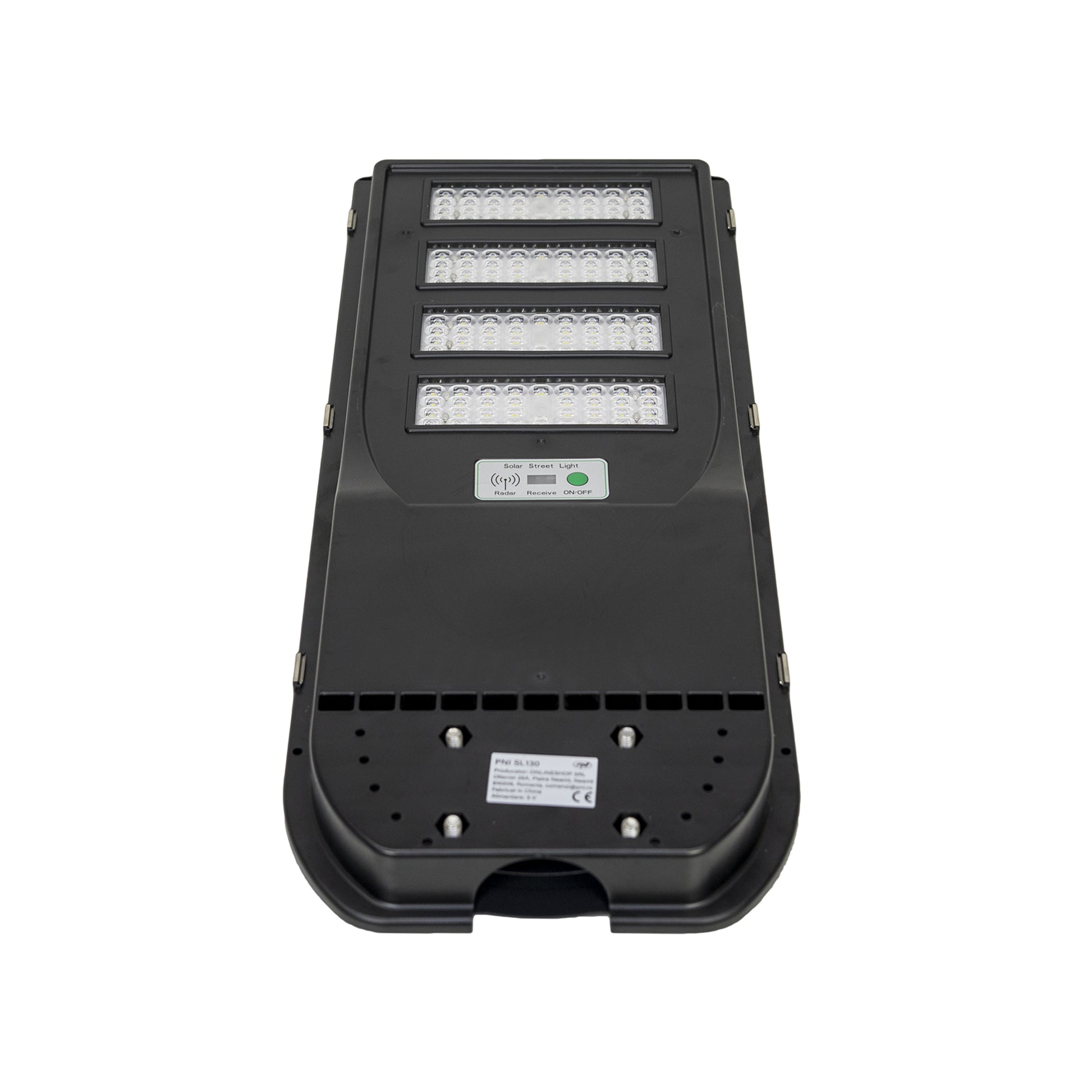 Lampa de iluminat stradal PNI SL130 20W, cu panou solar incorporat 20W, 6500K, 2900lm, 4 x acumulator 20Ah incorporat, senzor de miscare cu microunde