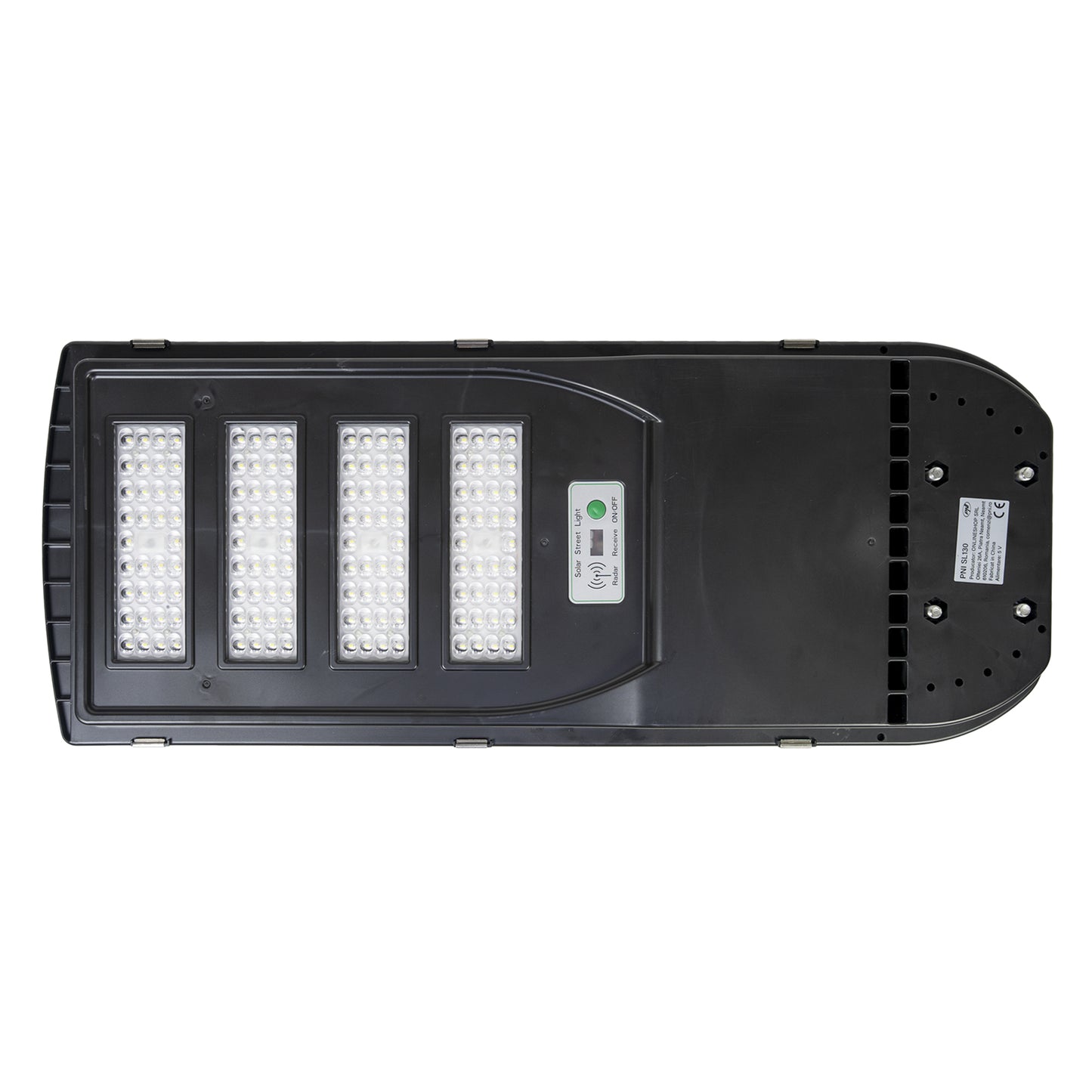Lampa de iluminat stradal PNI SL130 20W, cu panou solar incorporat 20W, 6500K, 2900lm, 4 x acumulator 20Ah incorporat, senzor de miscare cu microunde