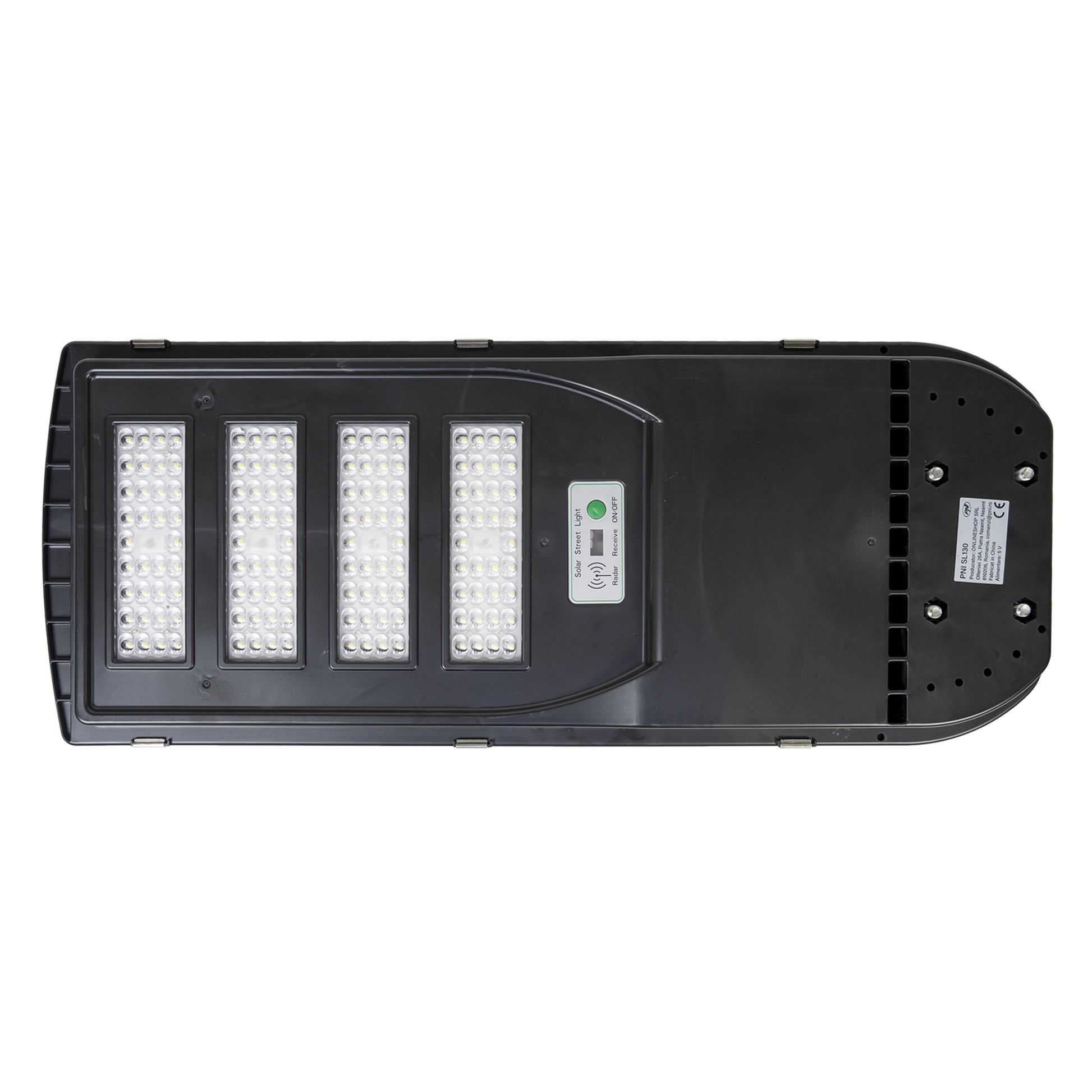 Lampa de iluminat stradal PNI SL130 20W, cu panou solar incorporat 20W, 6500K, 2900lm, 4 x acumulator 20Ah incorporat, senzor de miscare cu microunde